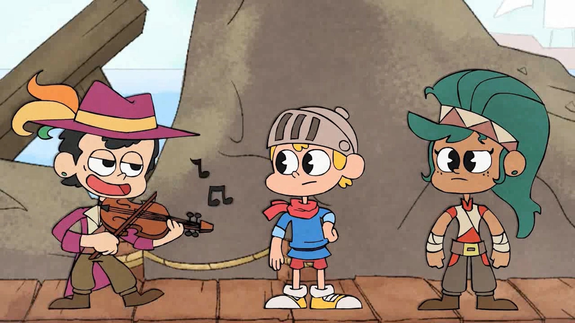 Fantasy Boy: Three characters on wooden dock, Boy in helmet with musician and warrior beside a ship.