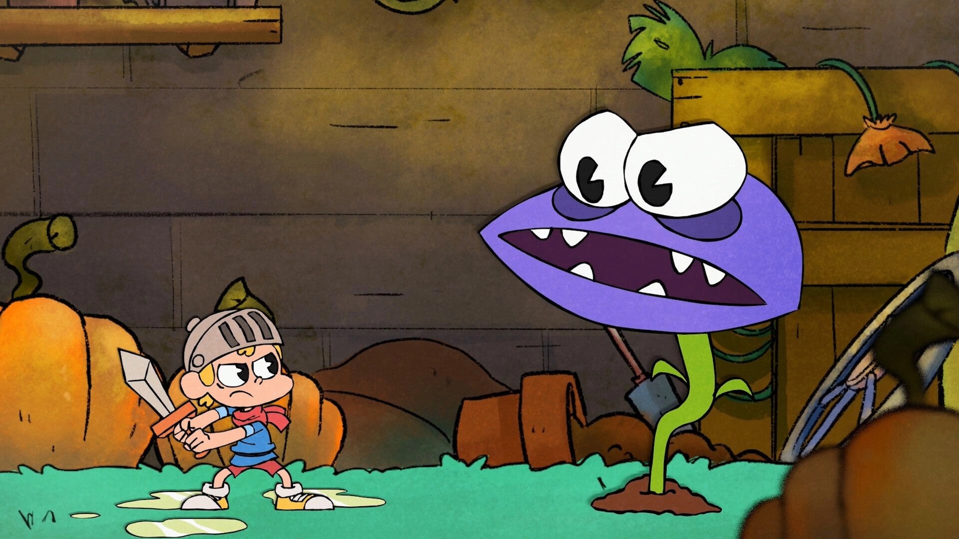 Fantasy Boy: Boy in helmet readies sword against purple plant monster in a pumpkin-filled dungeon