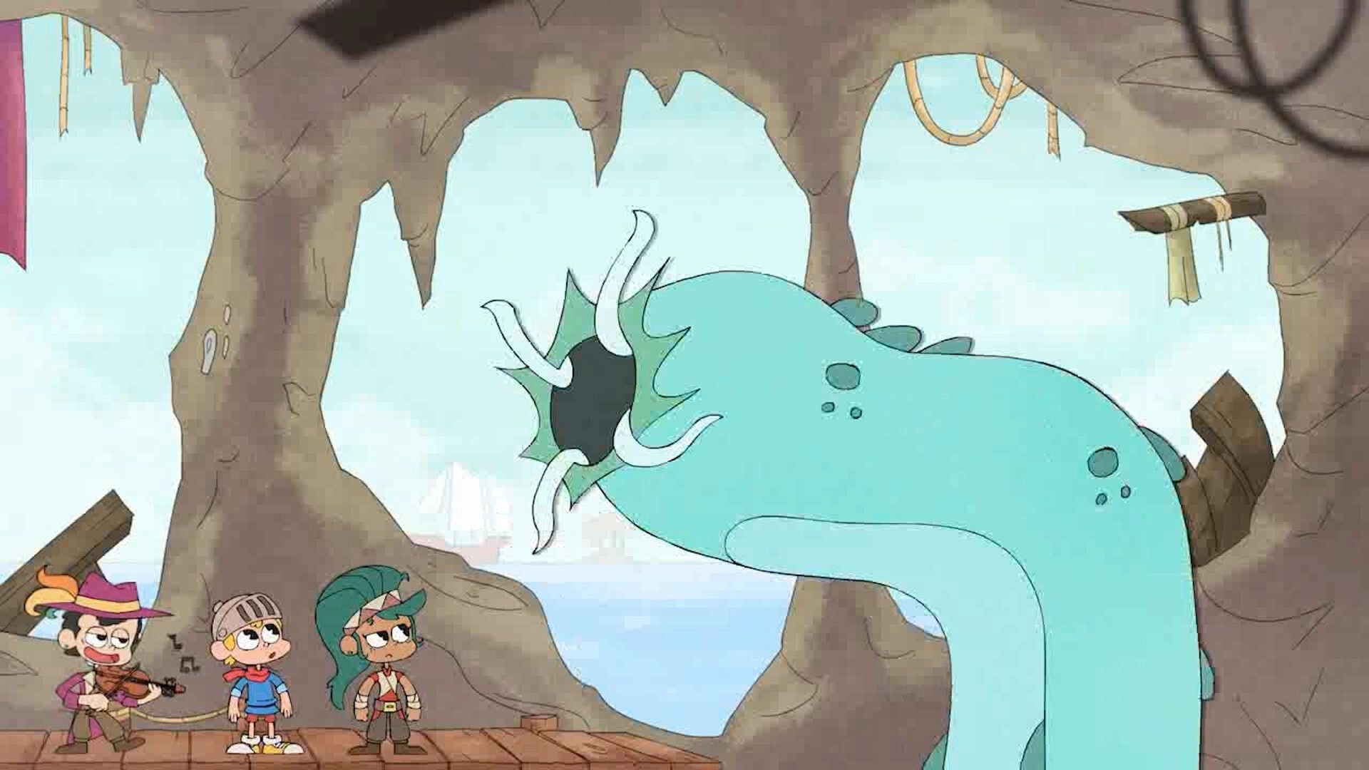 Fantasy Boy: Boy and friends confront a giant sea creature inside a wooden shipwreck by the sea.