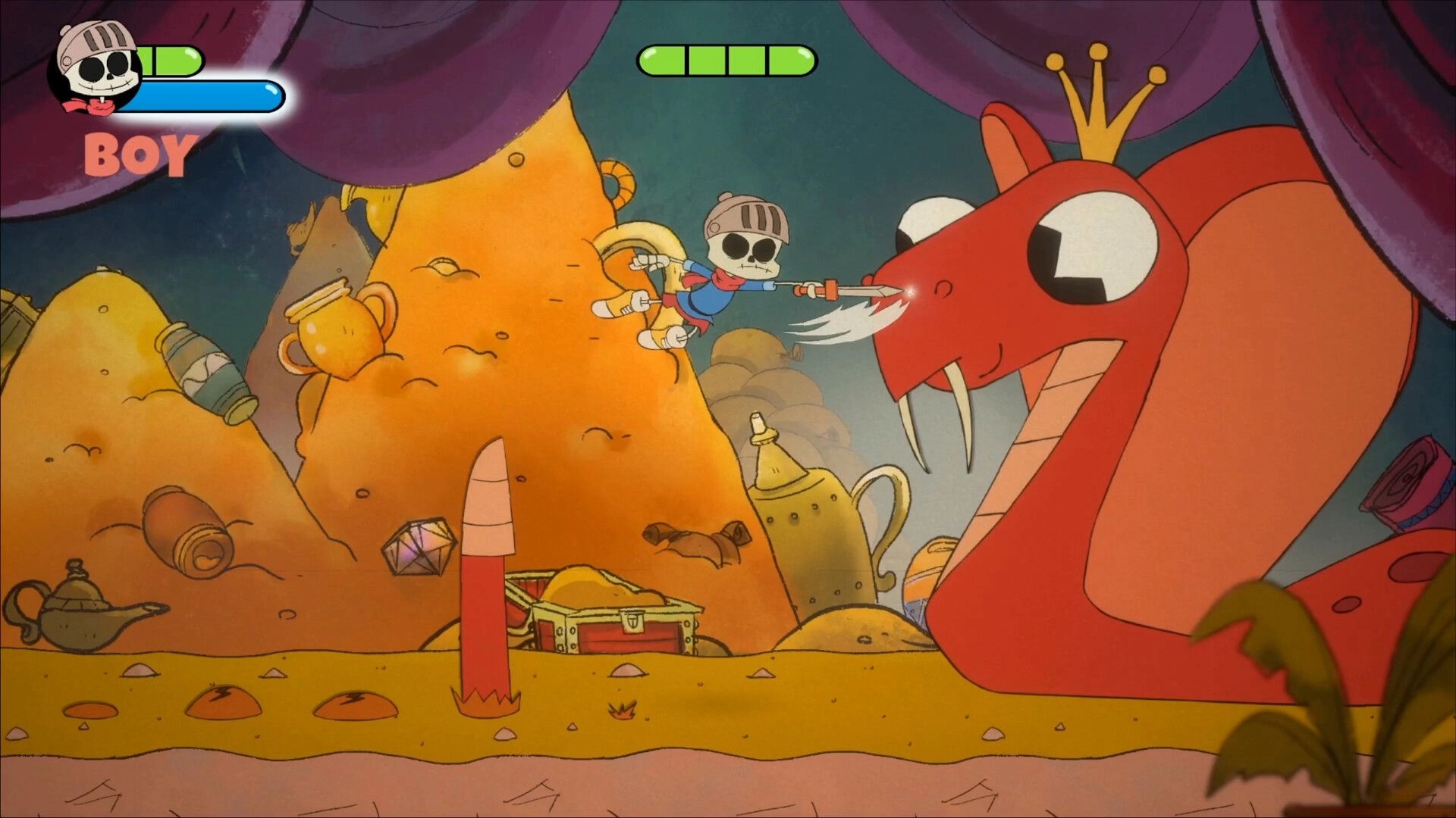 Fantasy Boy: Boy battles giant red snake in treasure-filled cave with health bars visible