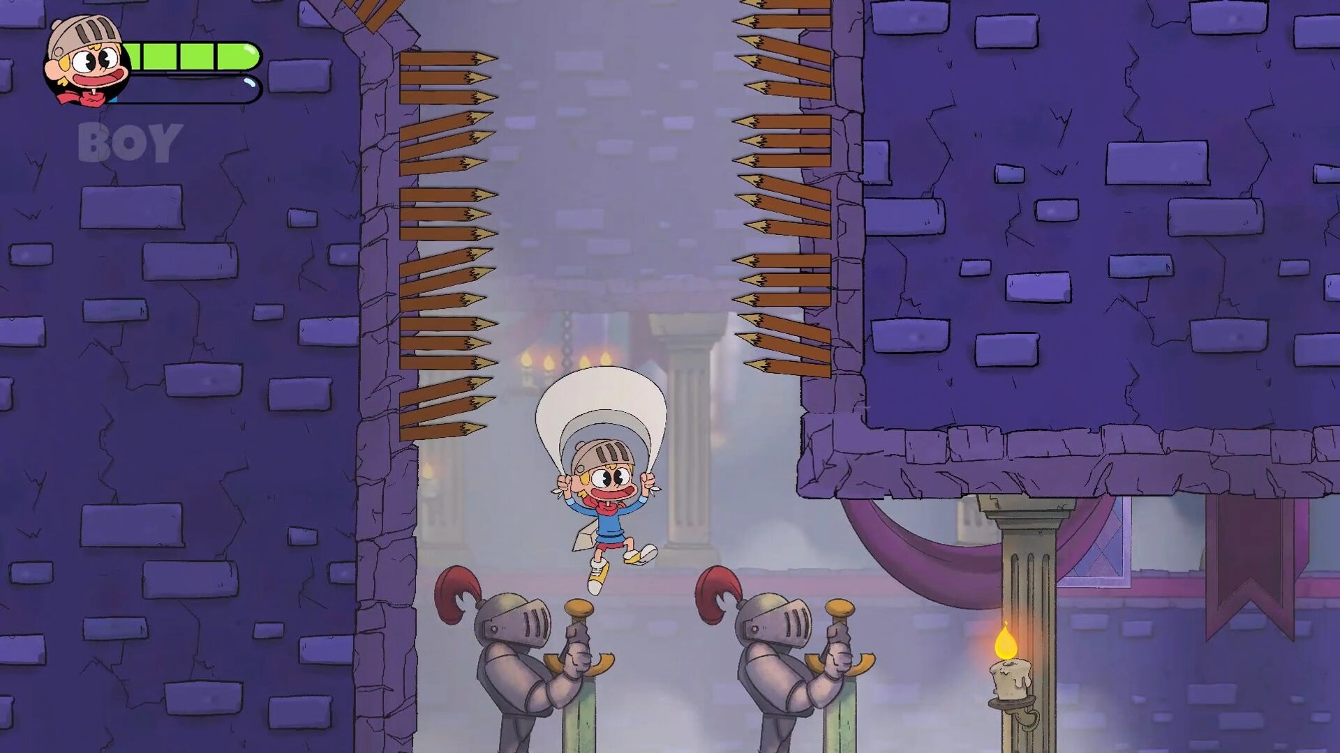 Fantasy Boy: Boy jumps between spiked walls above armored knights in a dimly lit castle corridor.