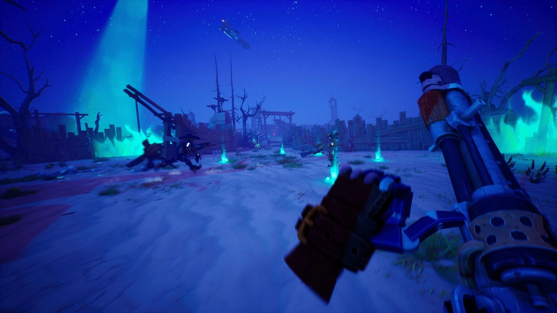 Far Far West: First-person view reloading a gun in a glowing desert battlefield at night