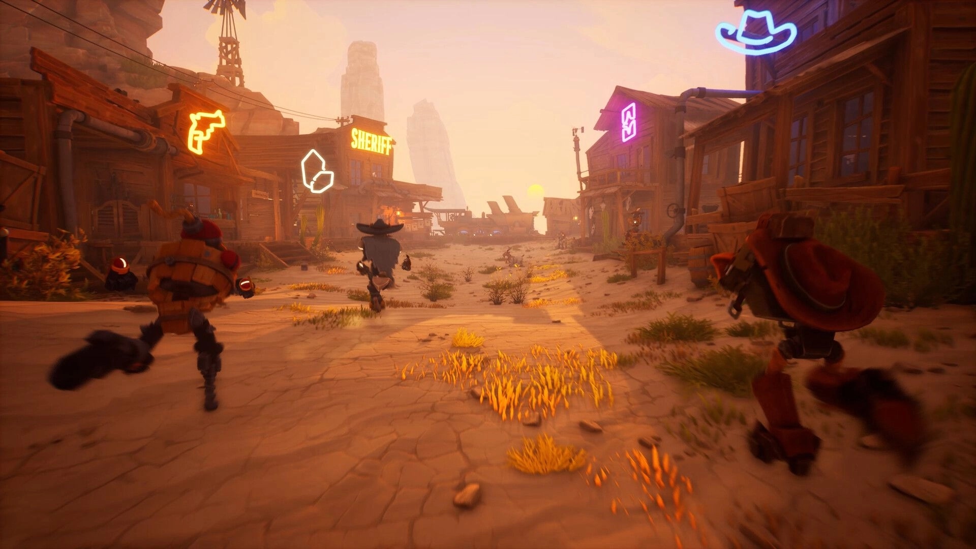 Far Far West: Three players sprint through dusty town street with neon signs under sunset sky