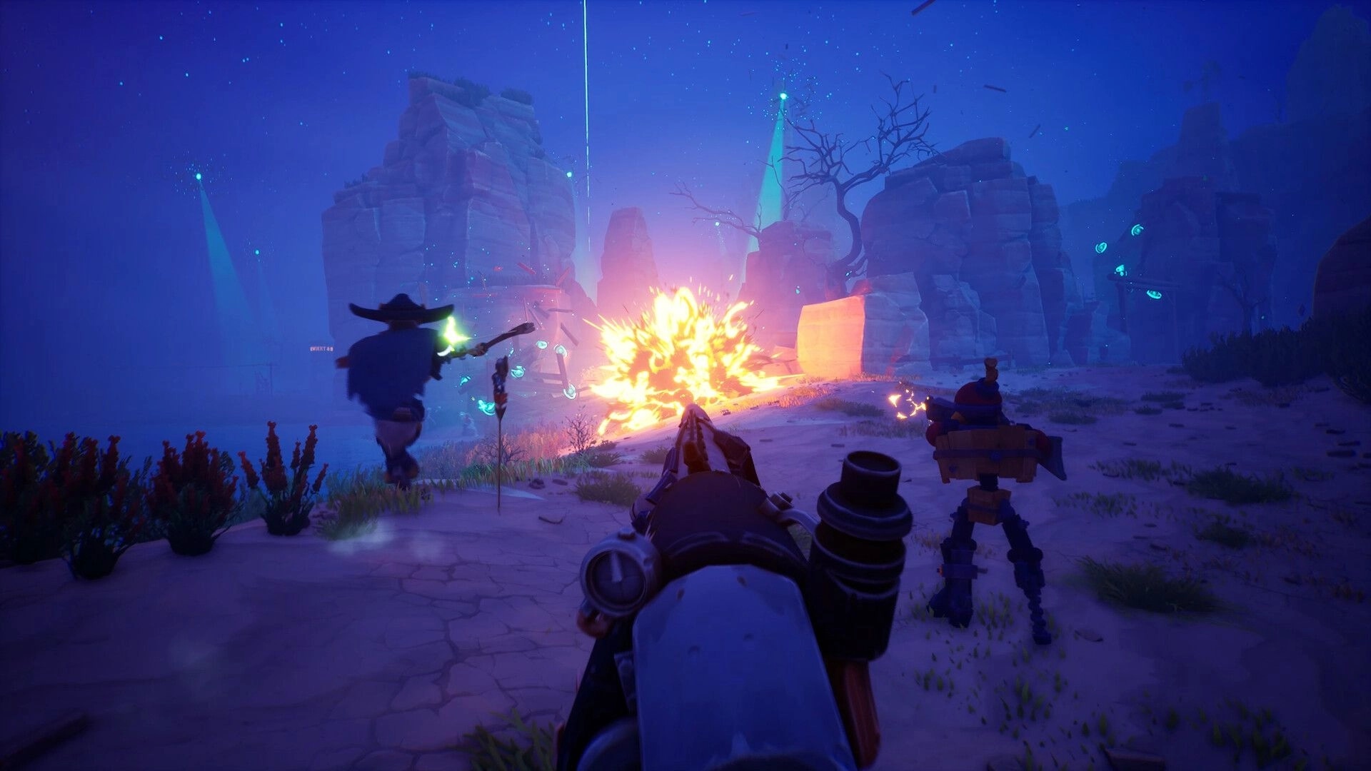 Far Far West: Player fires at explosive blast in desert canyon at night with teammates and turret nearby