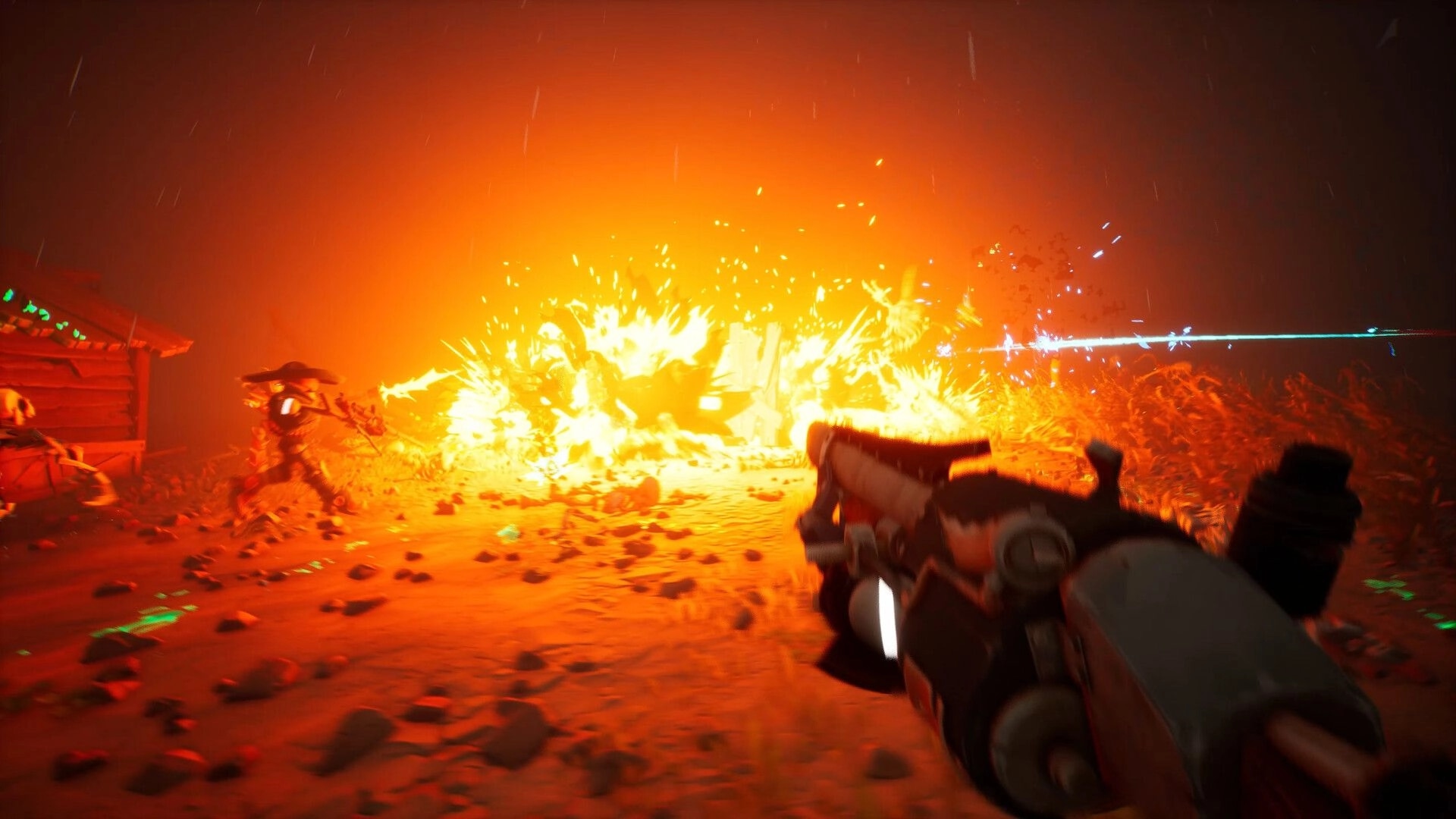 Far Far West: Player fires weapon at explosive monster in fiery desert nighttime setting
