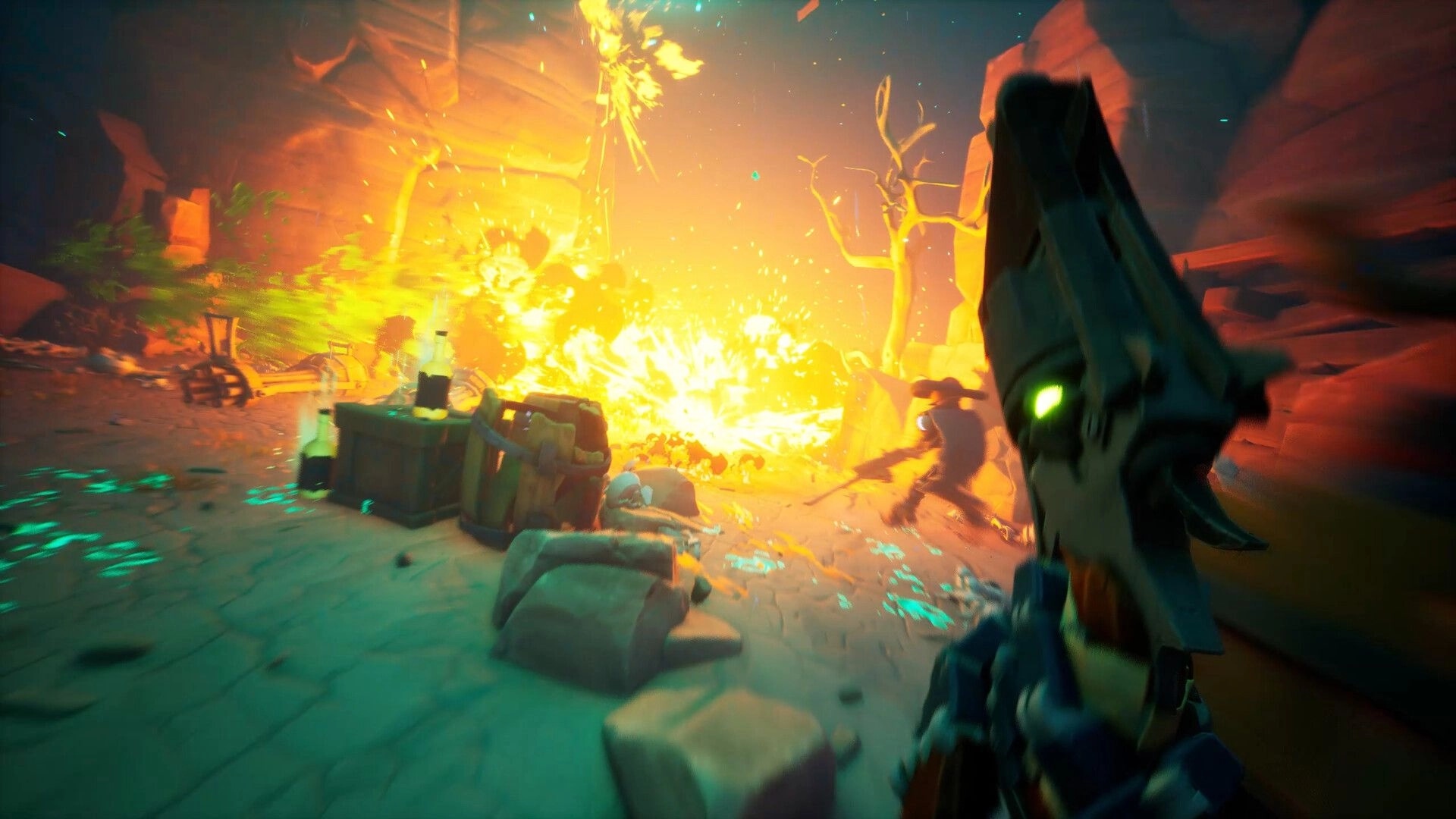 Far Far West: Explosive combat scene with players battling in a canyon environment