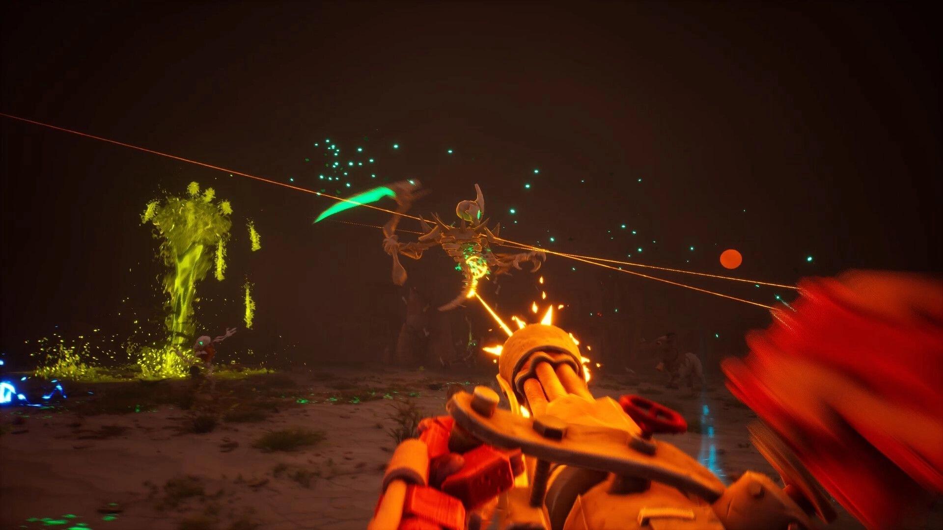 Far Far West: Player fires at glowing skeleton enemies in a dark desert environment with vibrant effects