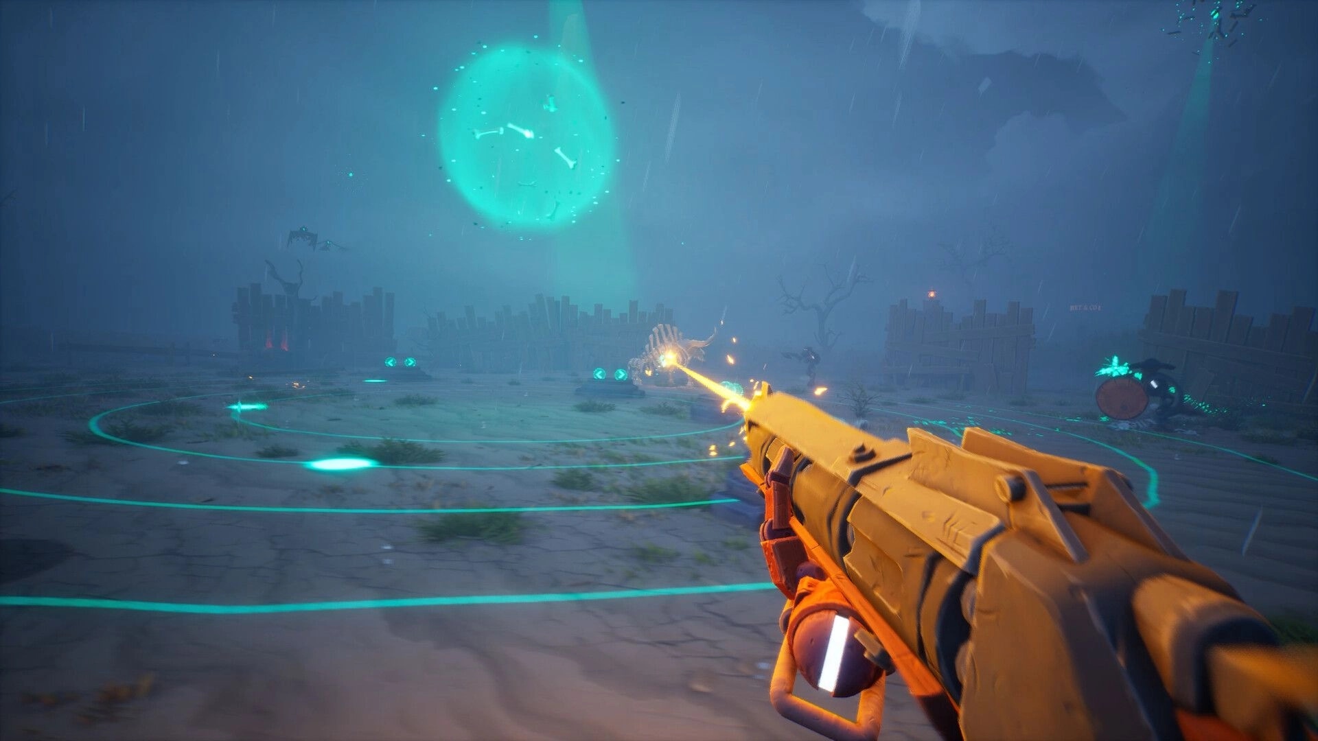 Far Far West: First-person view firing at monsters under a glowing green sky in a desolate desert setting