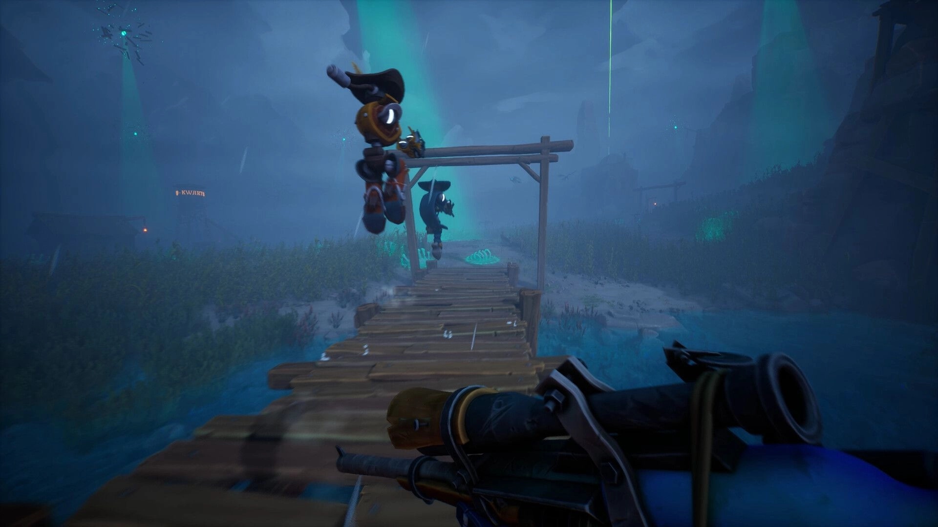 Far Far West: Players with weapons on wooden bridge at night in misty, eerie wilderness.