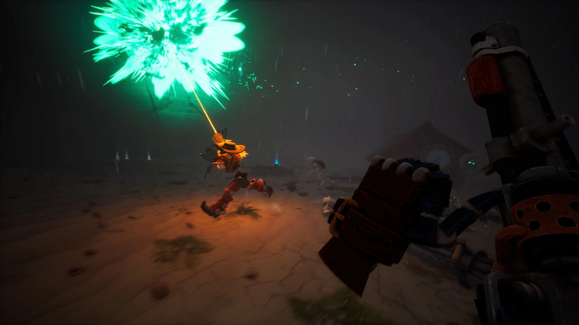 Far Far West: Cowboy firing glowing green blast at skeletons in dark, desert-like environment