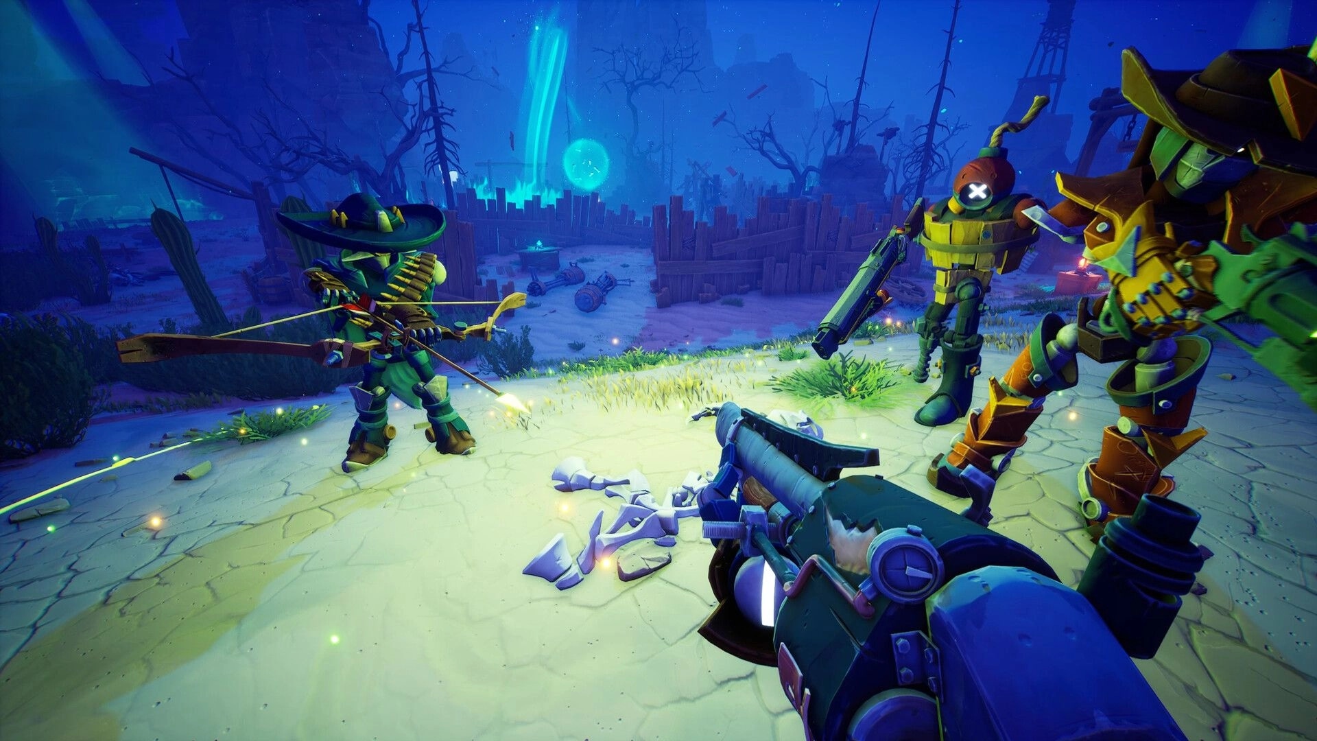 Far Far West: Player aiming at robotic enemies in a desert with glowing blue orb and wooden barriers