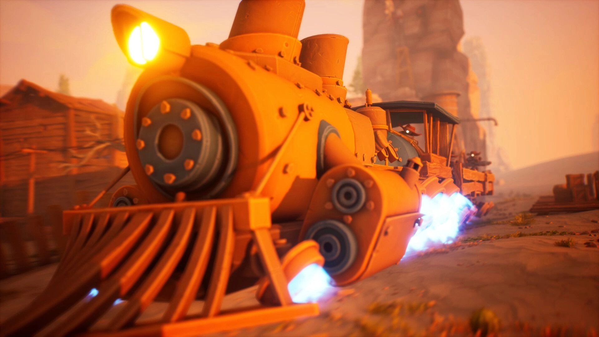 Far Far West: Futuristic train speeding through desert canyon with glowing headlights and blue exhaust