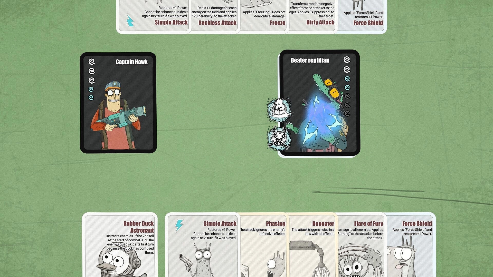 Faraway Galaxy: Captain Hawk faces Beater reptilian in card battle UI on green tabletop board.