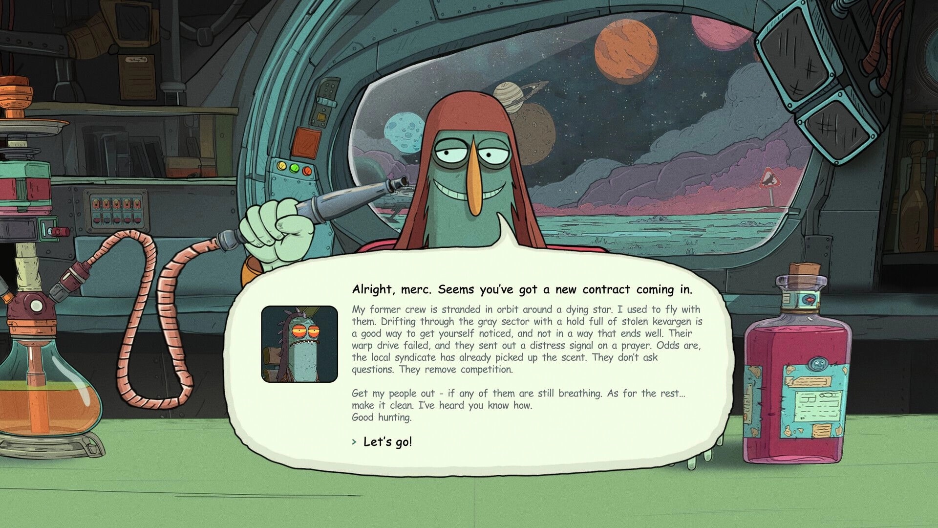 Faraway Galaxy: Contract dialogue with alien client holding pen inside ship cabin, planets outside window.