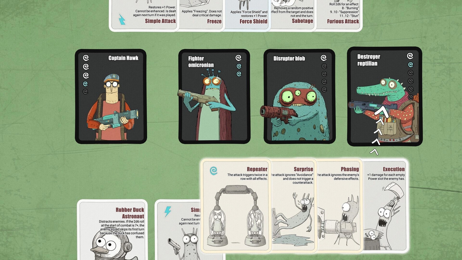 Faraway Galaxy: Combat card lineup with four alien enemies and player effect cards on green tabletop.