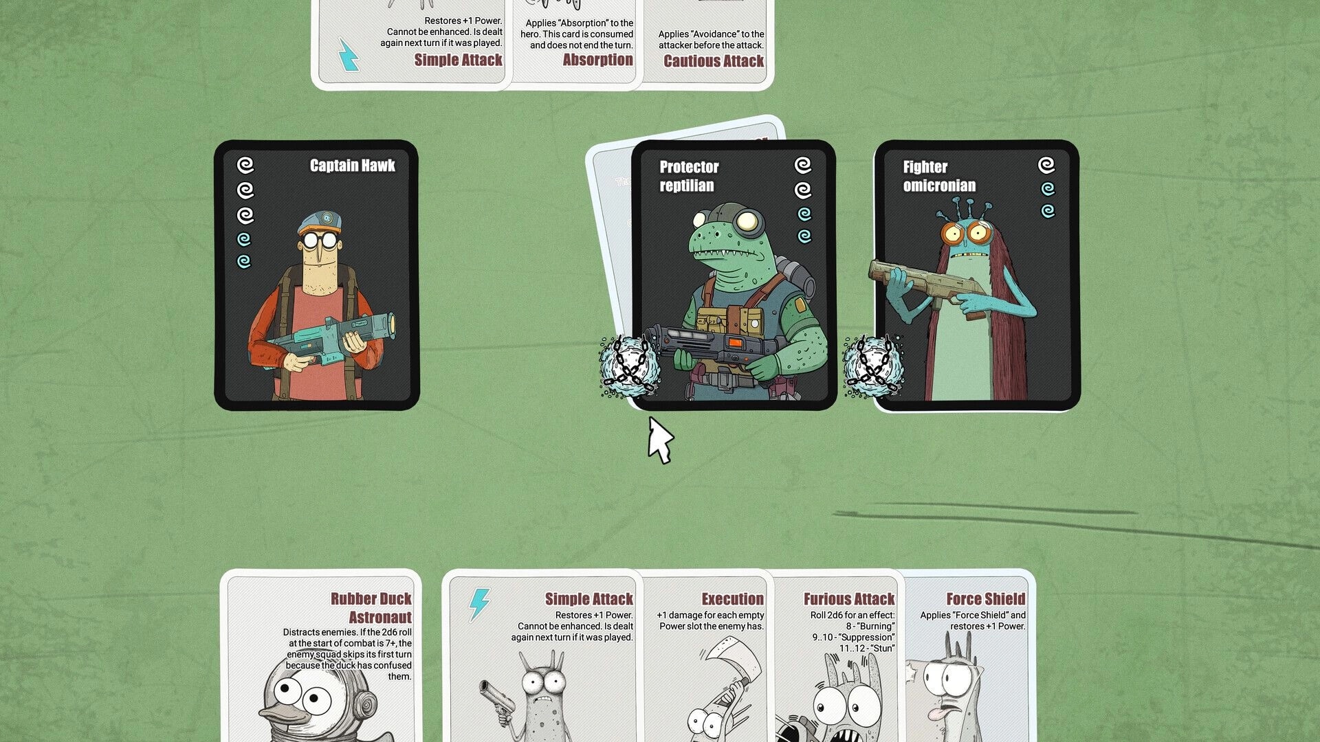 Faraway Galaxy: Combat card UI with Captain Hawk, Protector reptilian, and Fighter omicronian on green table.