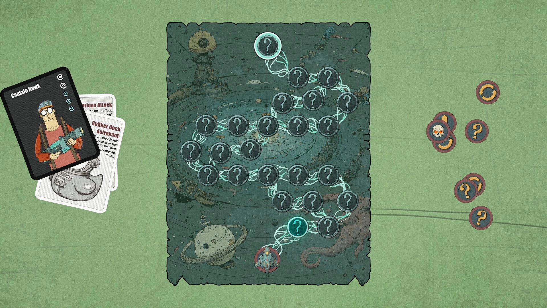 Faraway Galaxy: Branching mission map with question-mark nodes and Captain Hawk card on tabletop screen.