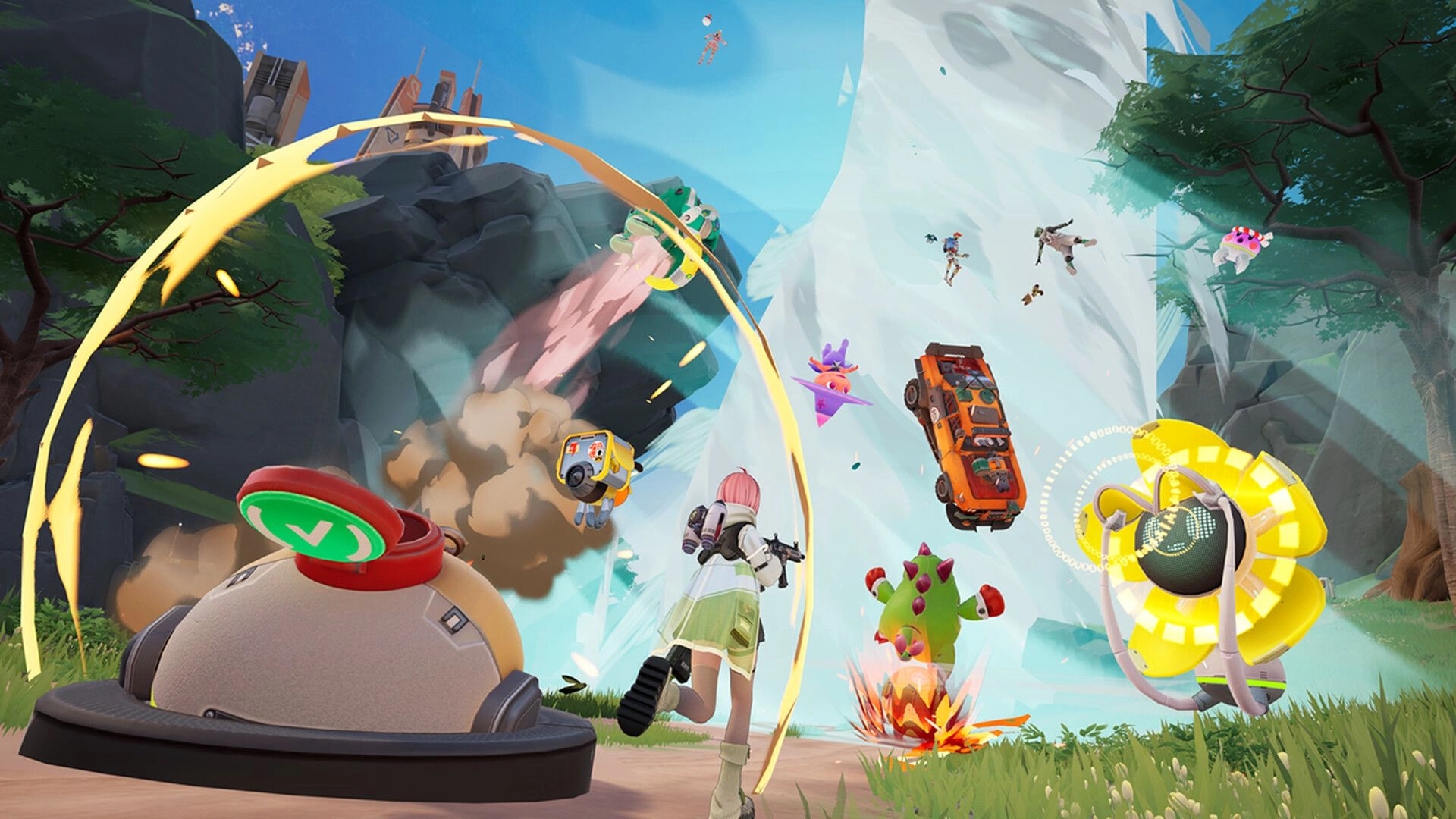 Farlight 84: Player runs amidst chaotic pet battle with explosions and vehicles in a vibrant landscape.
