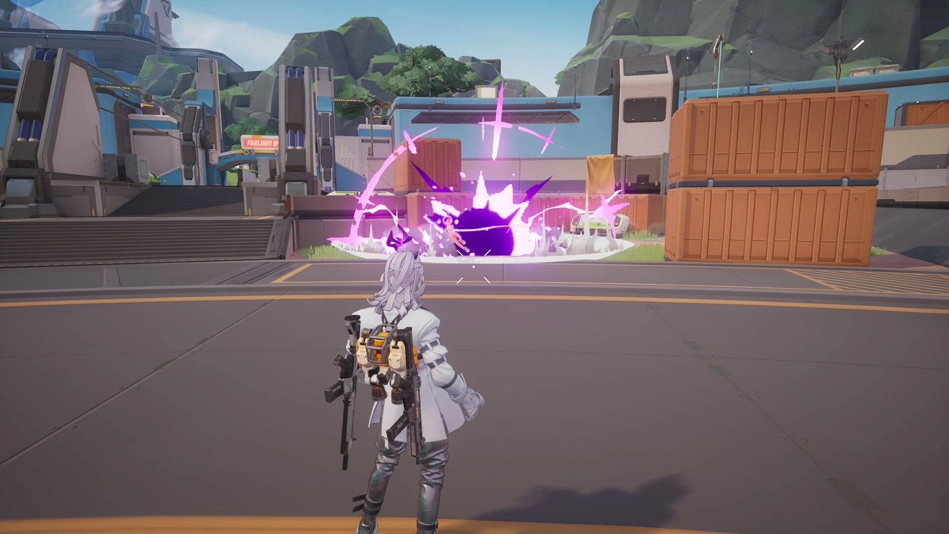 Farlight 84: Character observing a glowing portal in a futuristic industrial area with stacked crates.