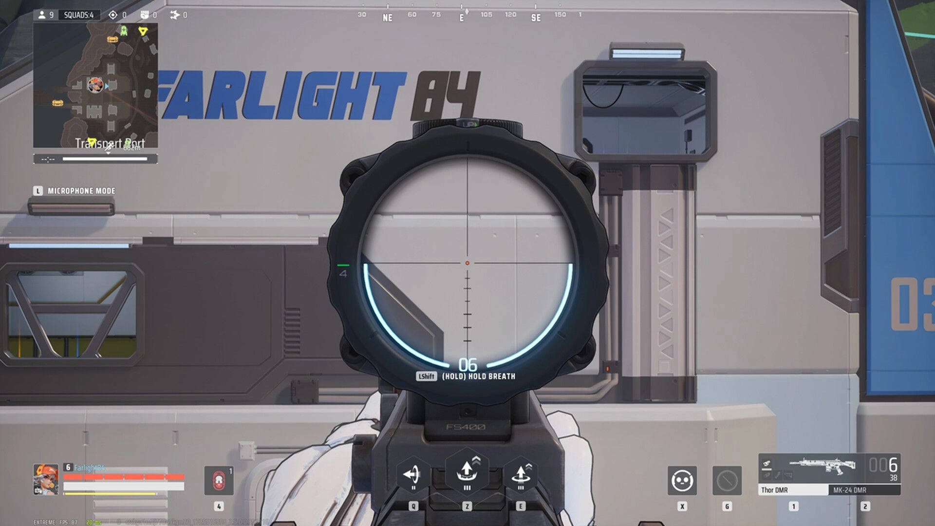 Farlight 84: Player aiming through sniper scope at industrial building, with mini-map and health bar visible.