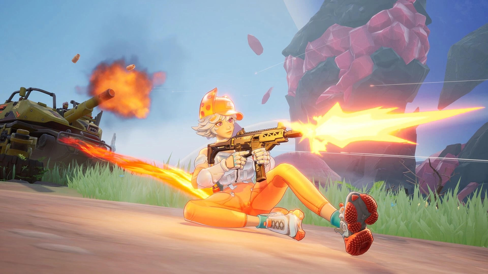 Farlight 84: Character in orange outfit firing a weapon while sitting, tank in lush rocky landscape