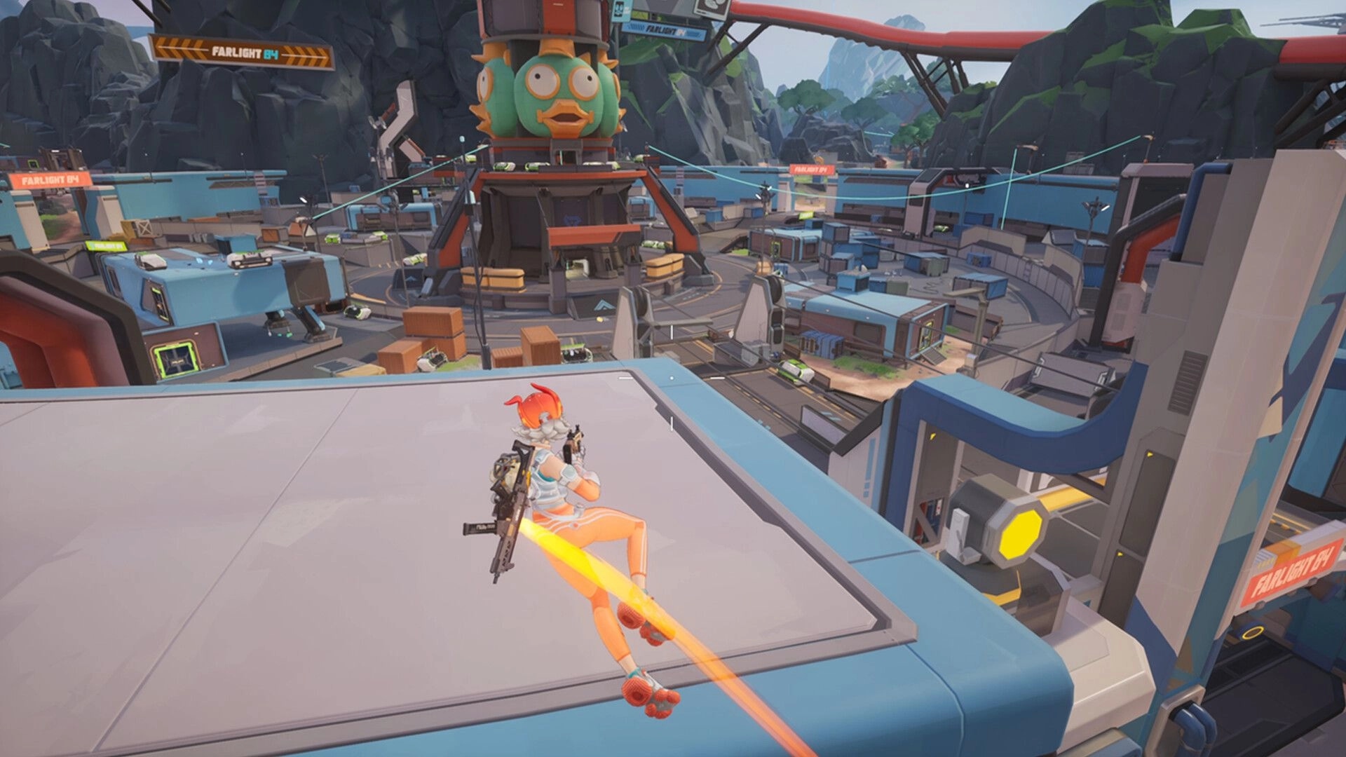 Farlight 84: Character with jetpack hovers on rooftop overlooking futuristic urban area with giant statue