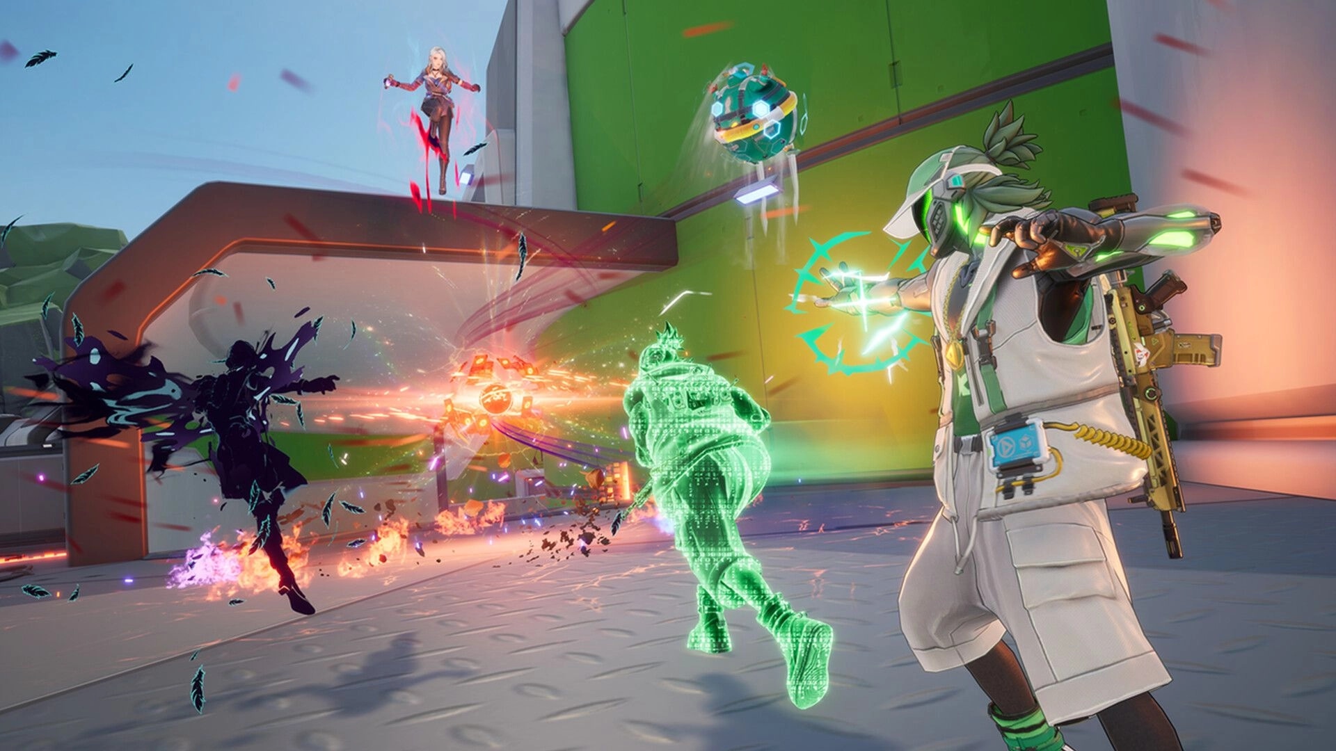Farlight 84: Intense battle with holographic warriors and energy blasts in a futuristic arena setting