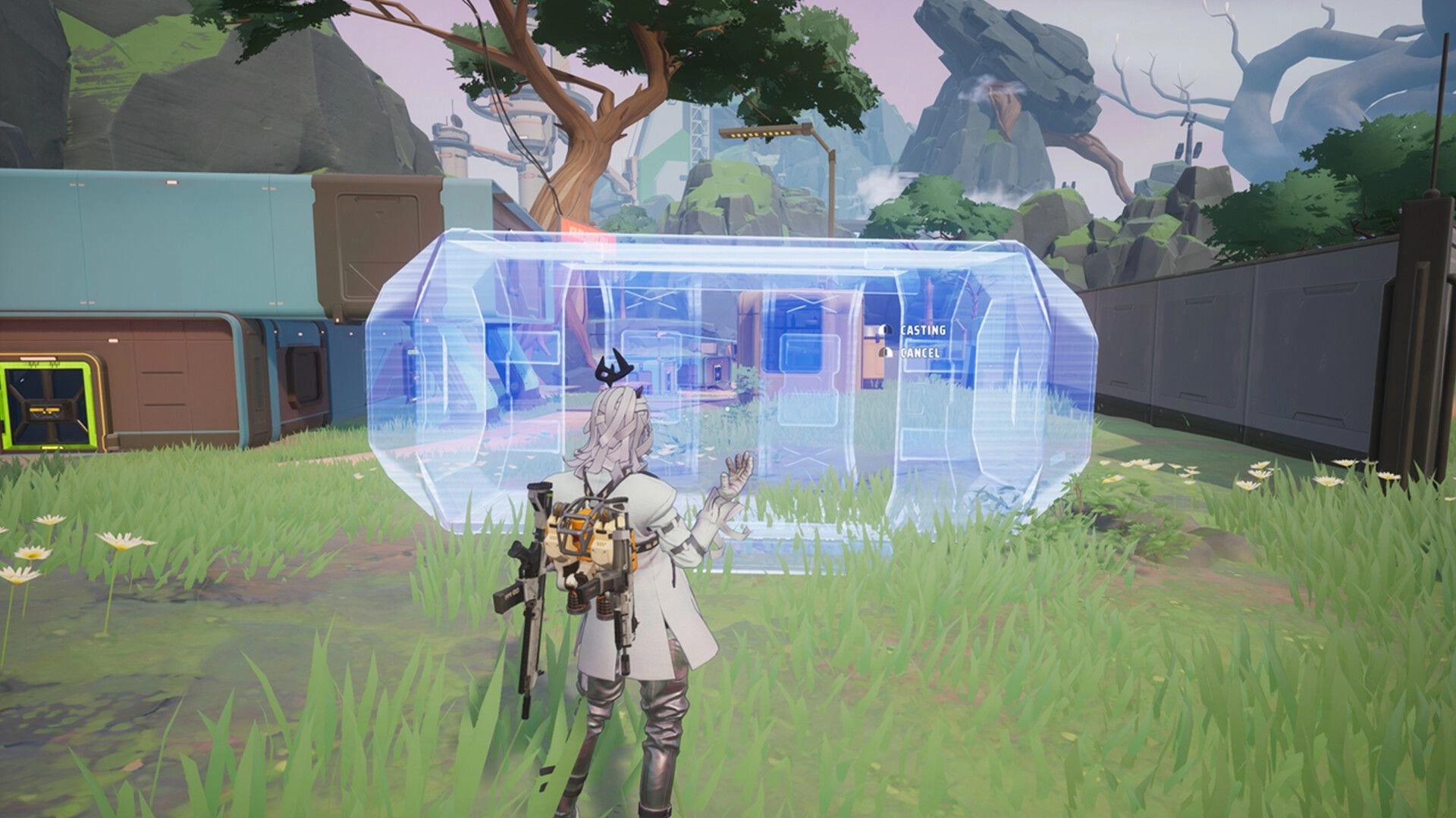 Farlight 84: Player casting a holographic structure in a grassy area with futuristic buildings nearby