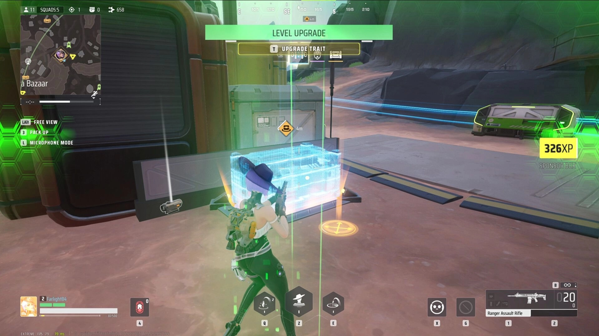 Farlight 84: Player upgrading traits at a sponsor box in a desert outpost environment
