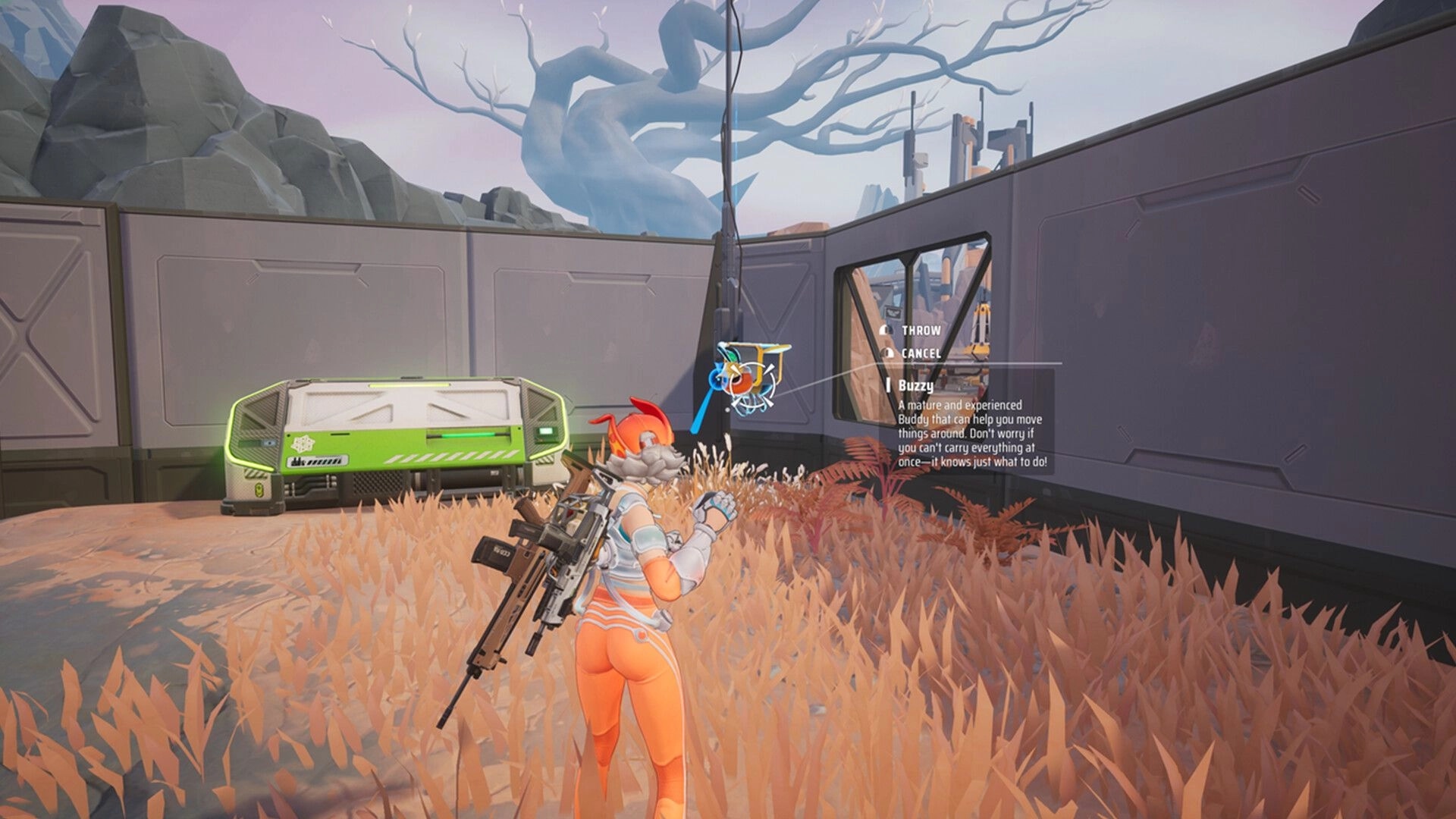 Farlight 84: Character prepares to deploy Buzzy drone in grassy area near futuristic wall and storage crate.