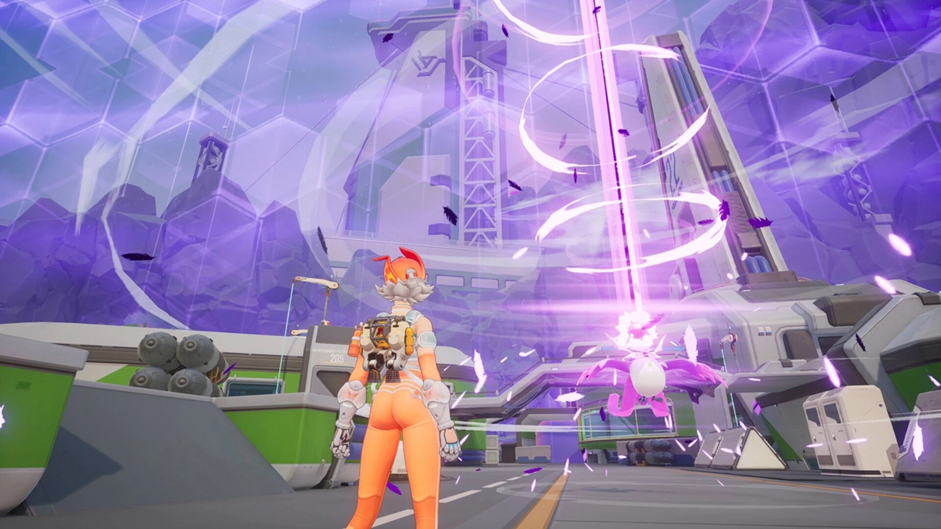 Farlight 84: Character observing purple energy vortex as pet creature ascends in futuristic complex