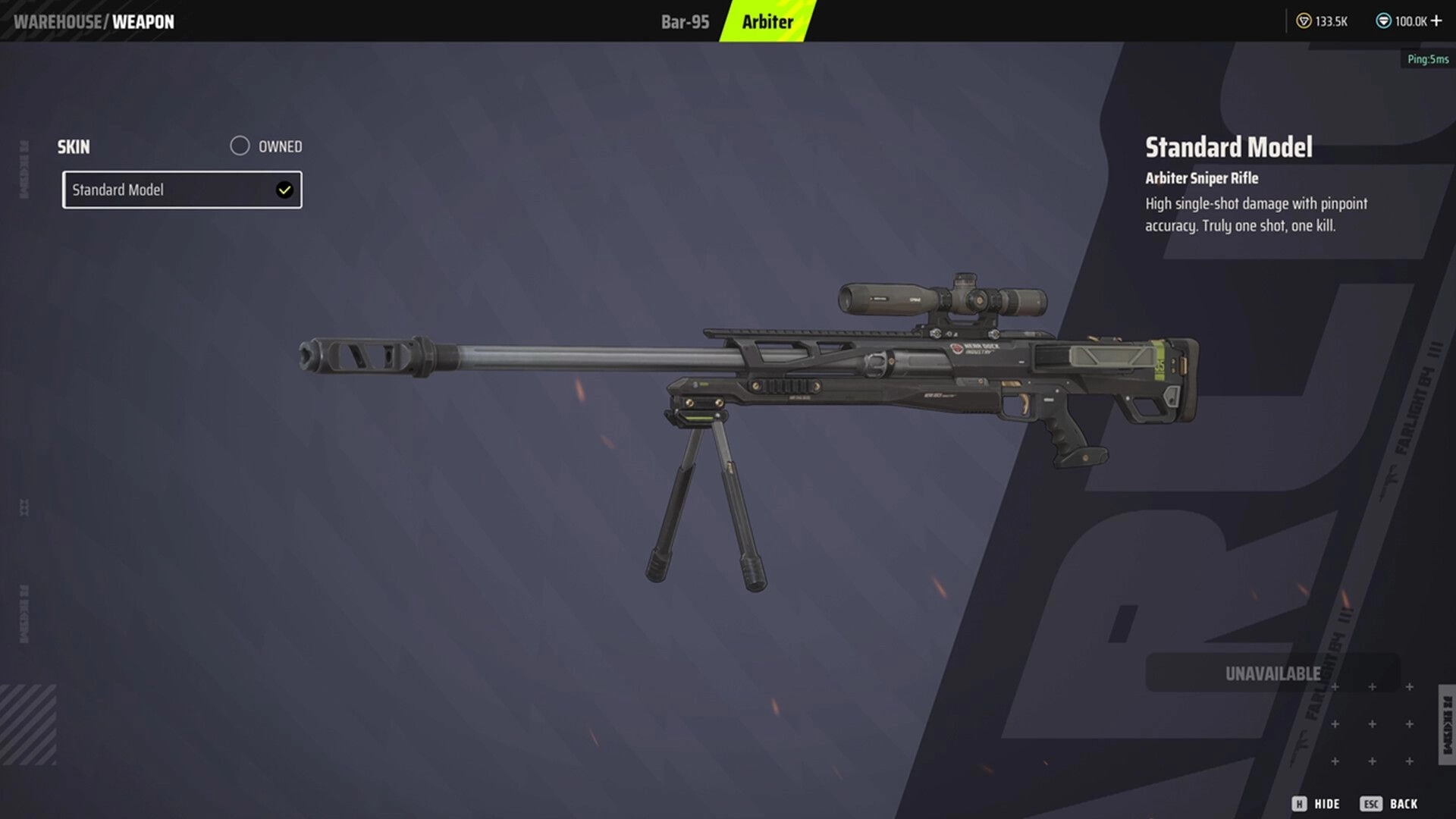 Farlight 84: Arbiter sniper rifle with Standard Model skin displayed in weapon selection menu