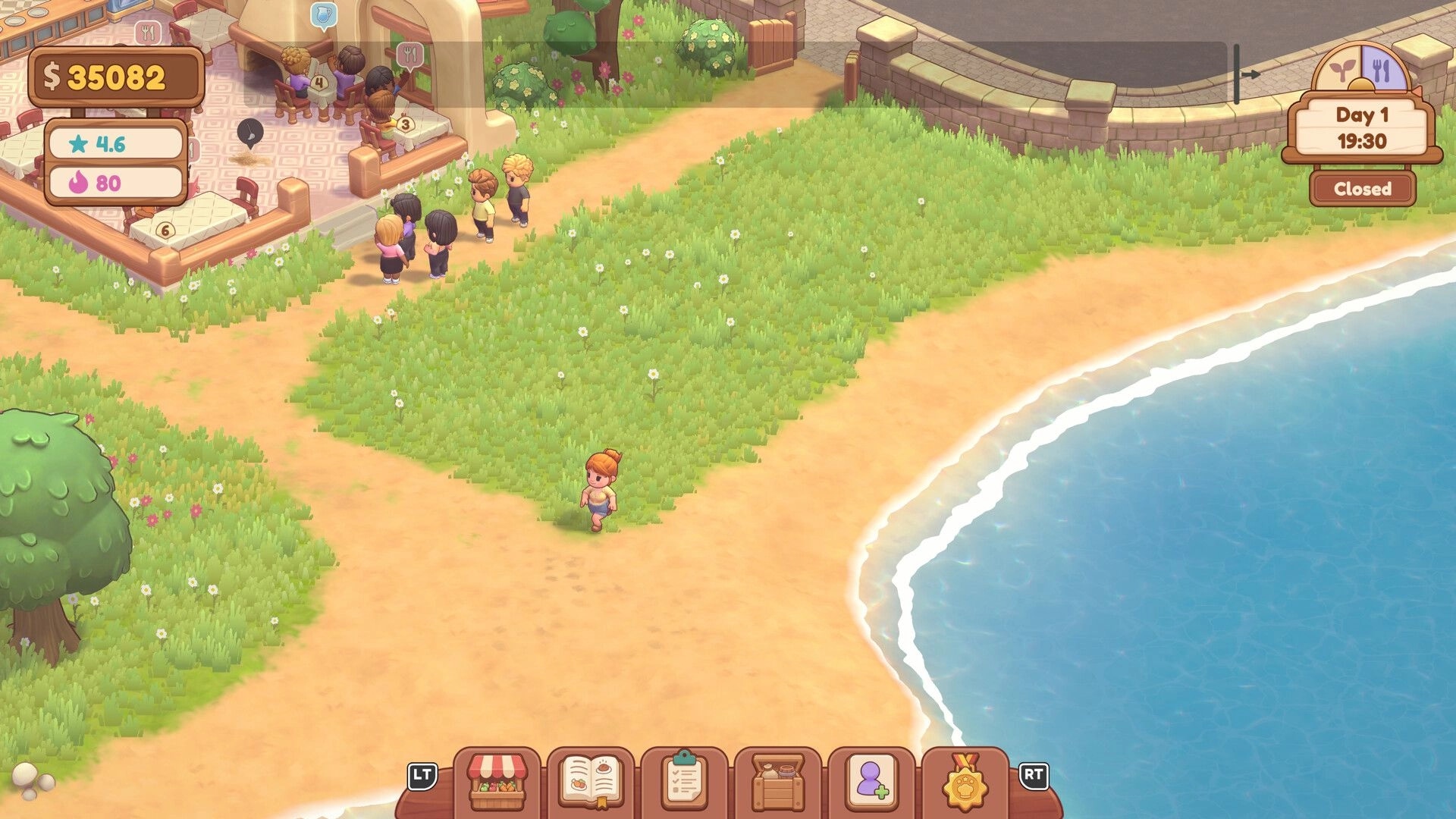 Farm & Feast: Player walks along beach near restaurant patio, UI shows $35082 and Day 1 19:30 Closed.