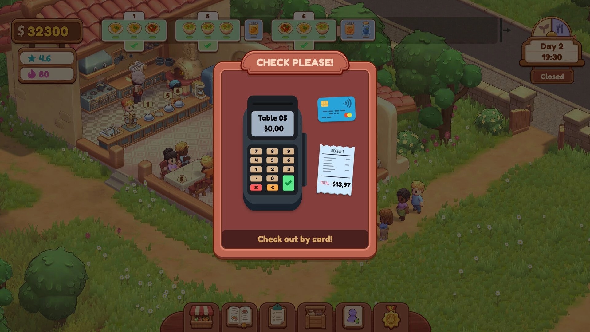Farm & Feast: Checkout screen for Table 05 with card payment UI over a cozy outdoor restaurant scene.