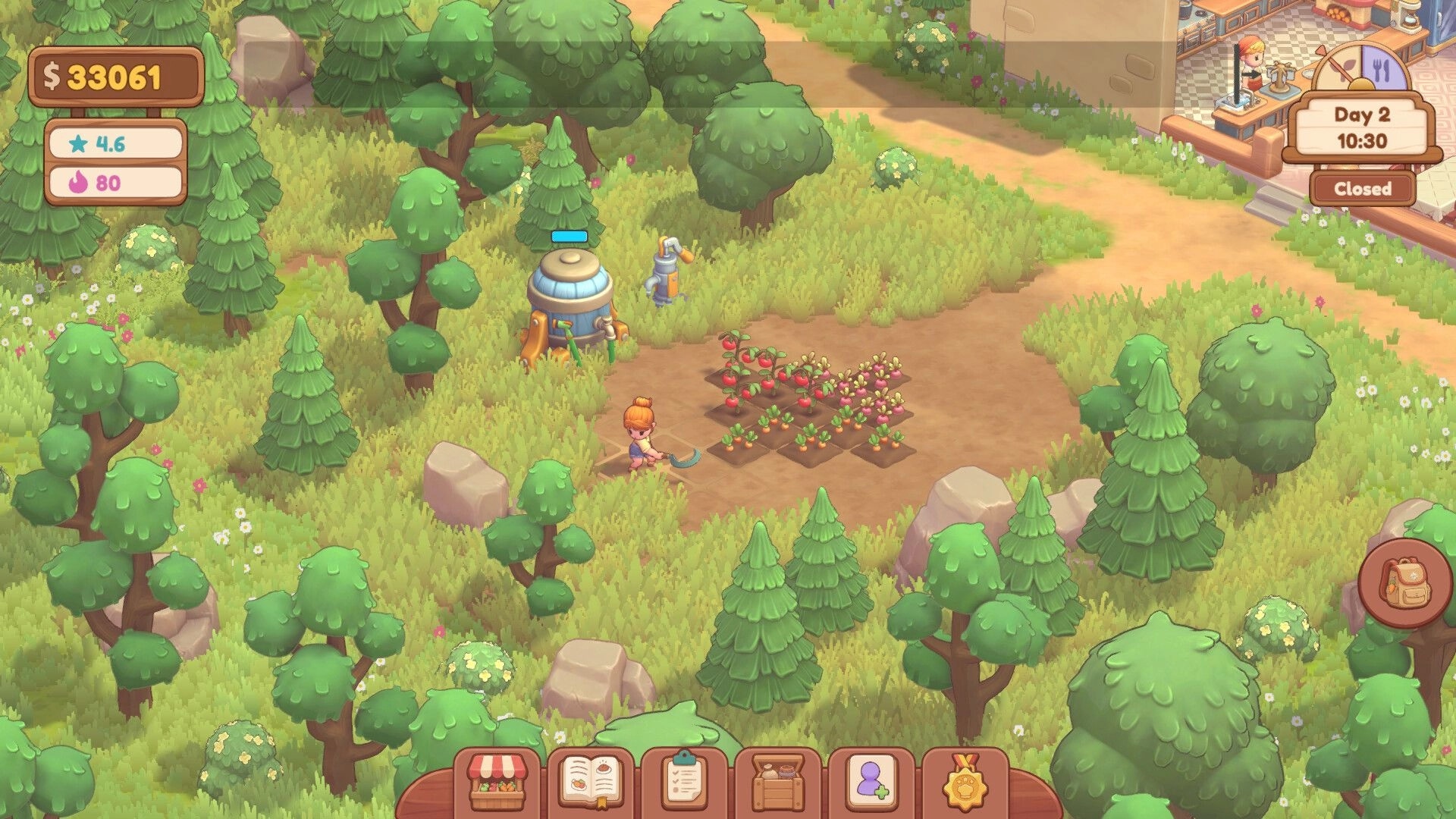 Farm & Feast: Farmer hoeing crop plots by the restaurant yard, UI shows money, rating, Day 2 closed.
