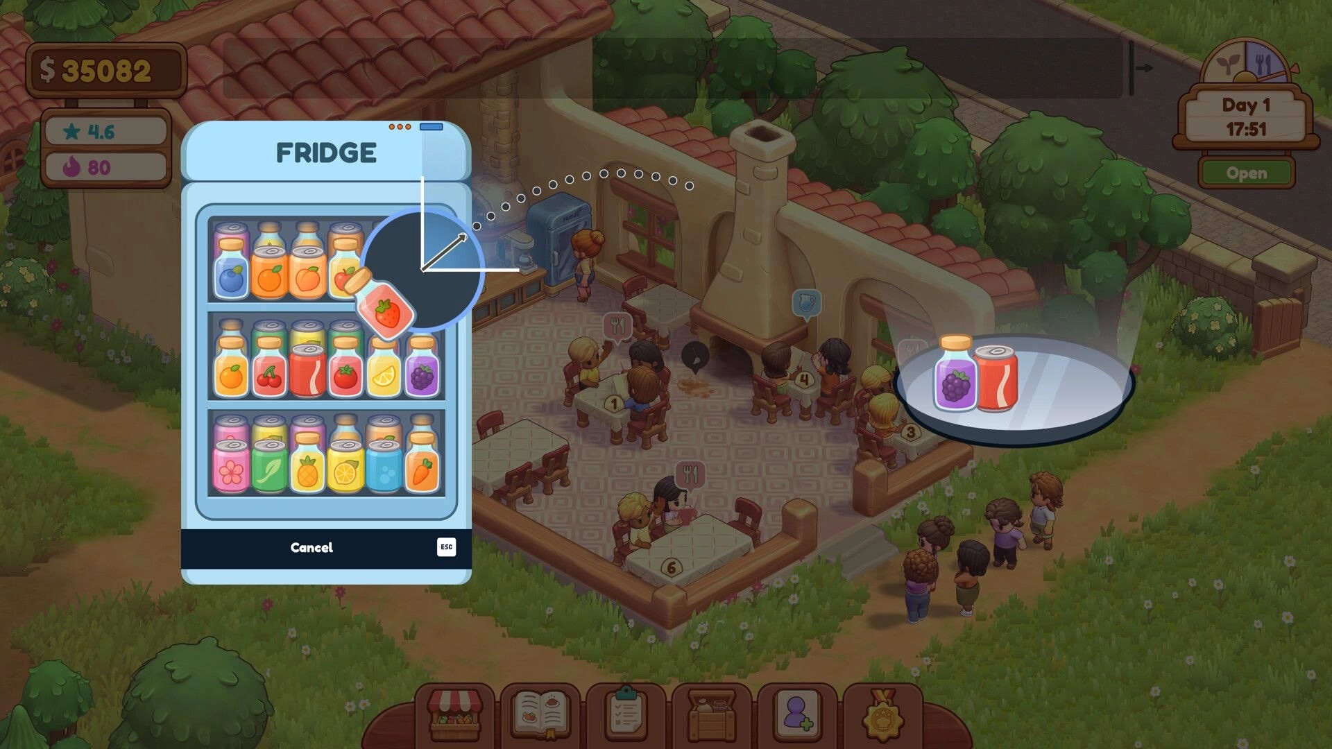 Farm & Feast: Fridge inventory menu selecting juice bottles in a cozy restaurant patio with diners seated.