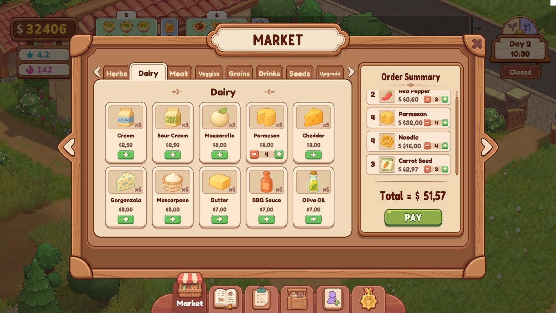 Farm & Feast: Market dairy tab shopping list with order summary and Pay button over farm backdrop.