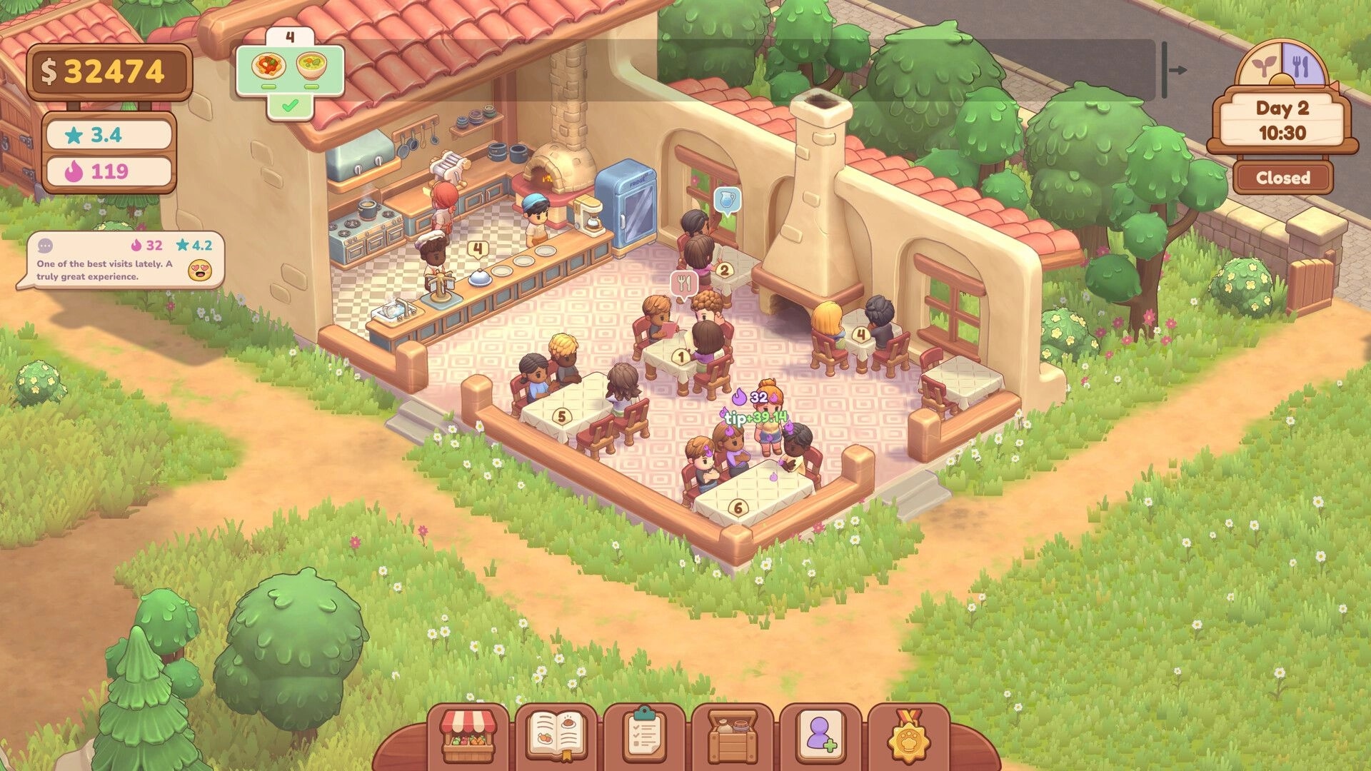 Farm & Feast: Managing a cozy open-air restaurant with diners and kitchen UI in a sunny garden patio.
