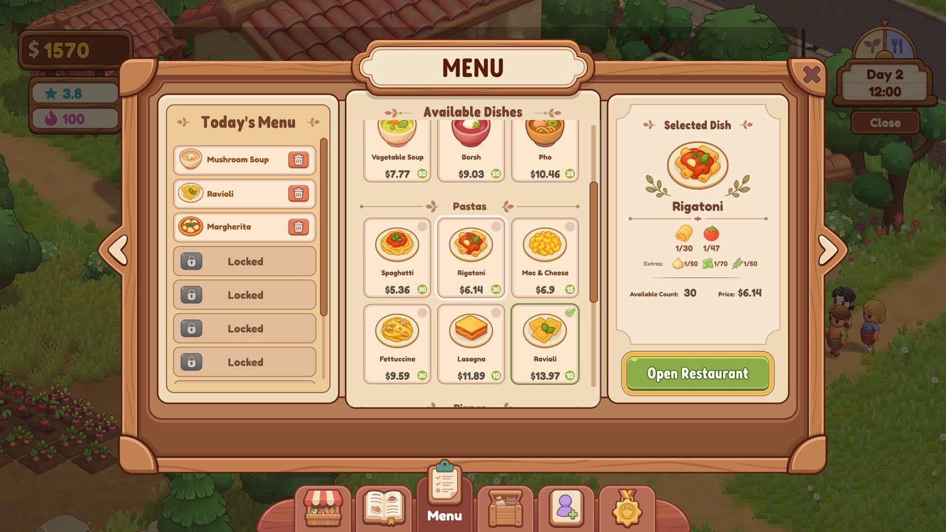 Farm & Feast: Menu planning UI selecting Rigatoni with dish prices and Open Restaurant button at farmyard.