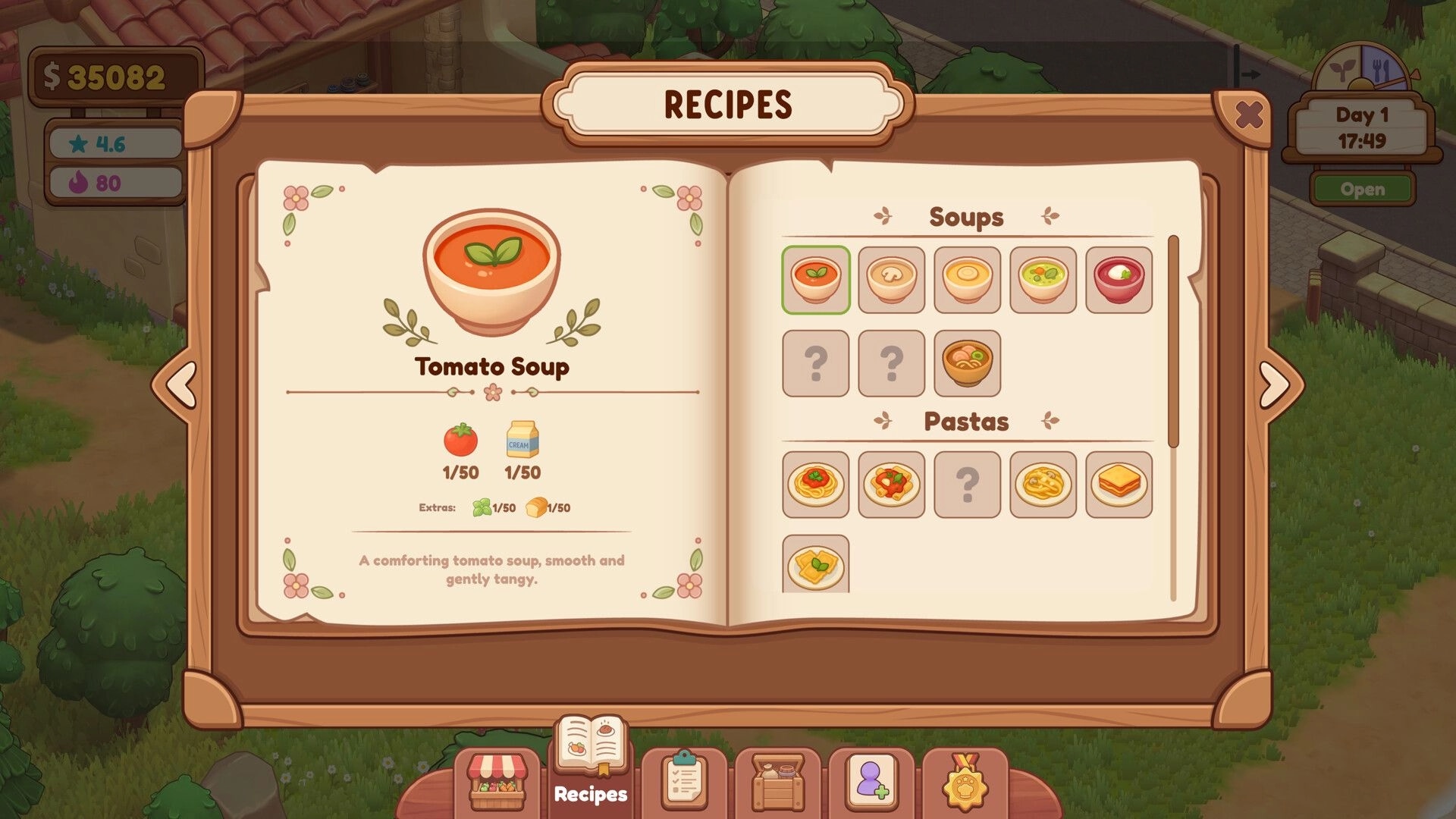 Farm & Feast: Recipes book UI highlighting Tomato Soup ingredients, soups and pastas list in town view.