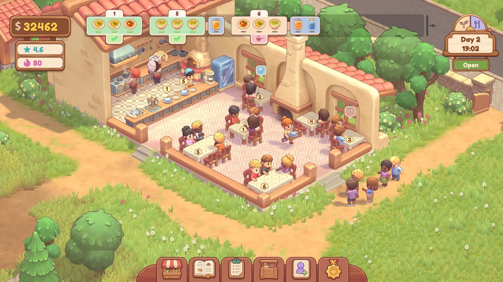 Farm & Feast: Restaurant management view with diners, order bubbles, and staff in a cozy kitchen cafe.