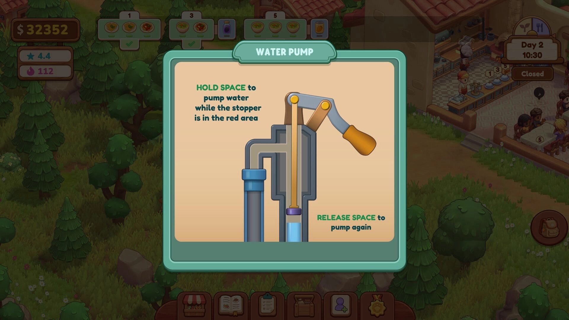 Farm & Feast: Water pump tutorial pop-up over forest map, restaurant UI shows Day 2 10:30 closed.
