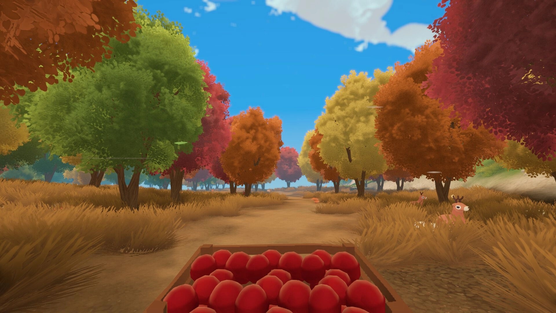 Farm to Table: Red apple cart on dirt path through colorful autumn forest with playful deer nearby.