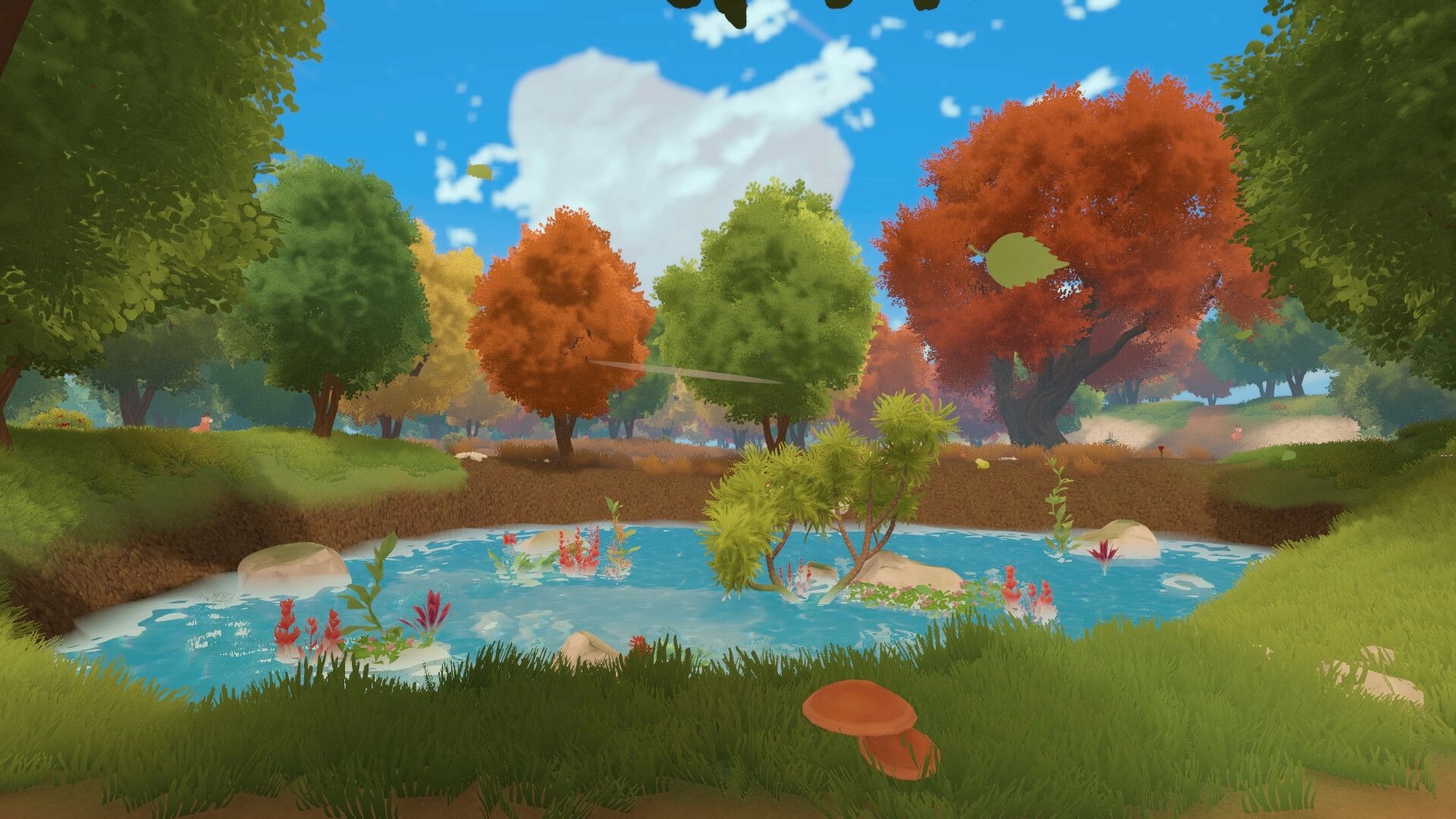 Farm to Table: Lush autumn landscape with colorful trees and a serene pond in the farming simulation game.