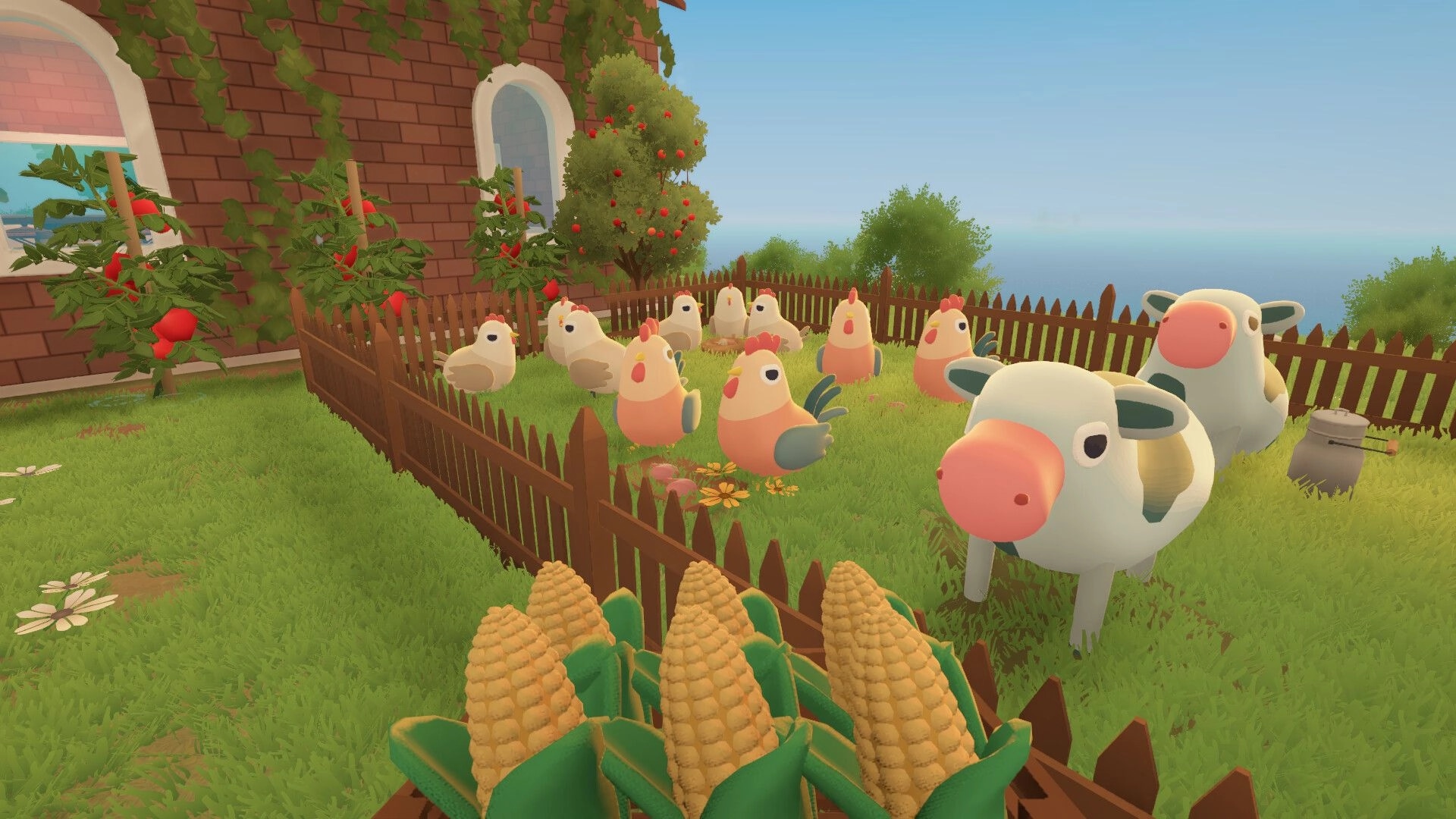 Farm to Table: Chickens and cows roam a fenced farmyard with corn and tomato plants nearby