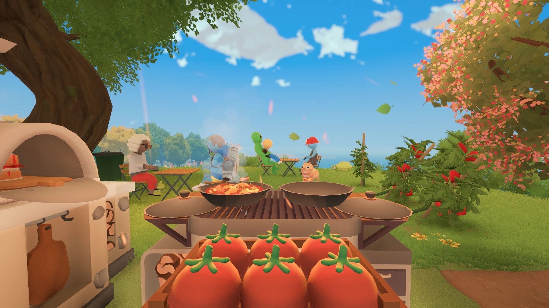 Farm to Table: Cooking station with fresh tomatoes and two characters dining outdoors under a vibrant sky