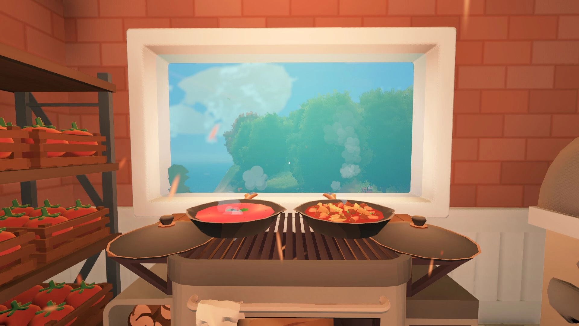 Farm to Table: Cooking two dishes on stove with garden view through window in cozy kitchen setting.