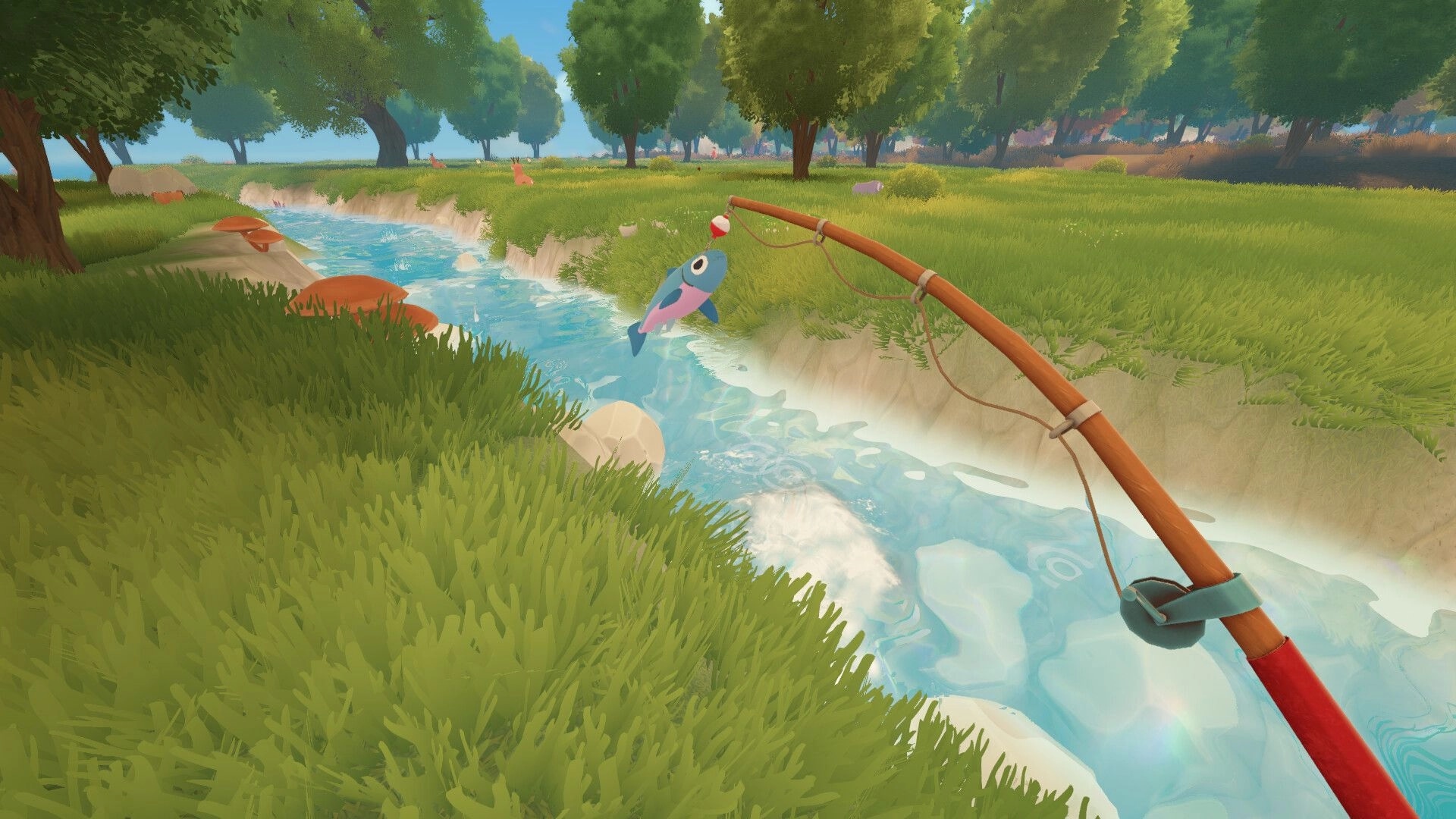 Farm to Table: Fishing by a serene stream in a lush forest, catching a fish with a wooden rod.