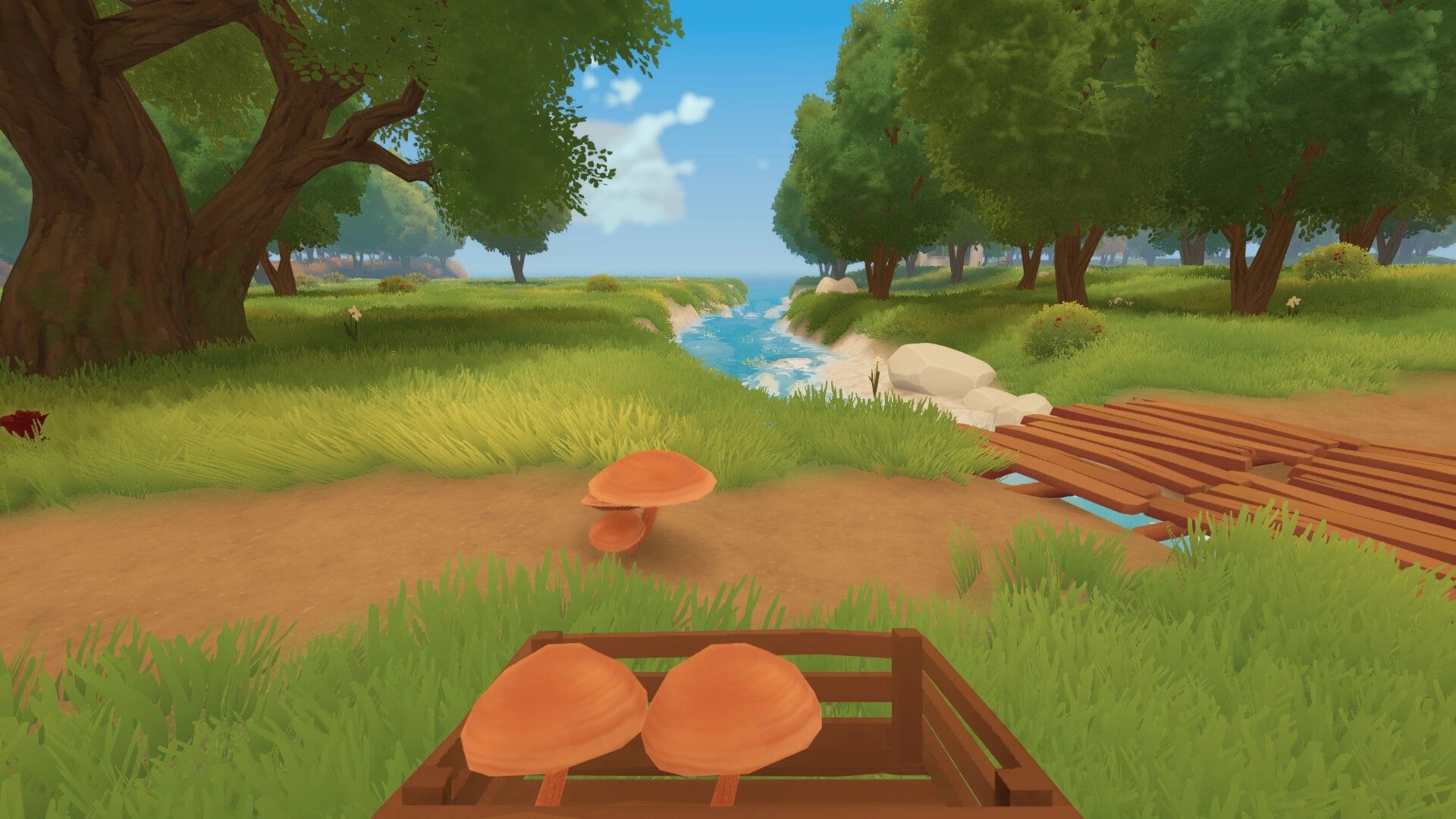 Farm to Table: Harvested mushrooms in basket by a stream with wooden bridge in lush forest setting.
