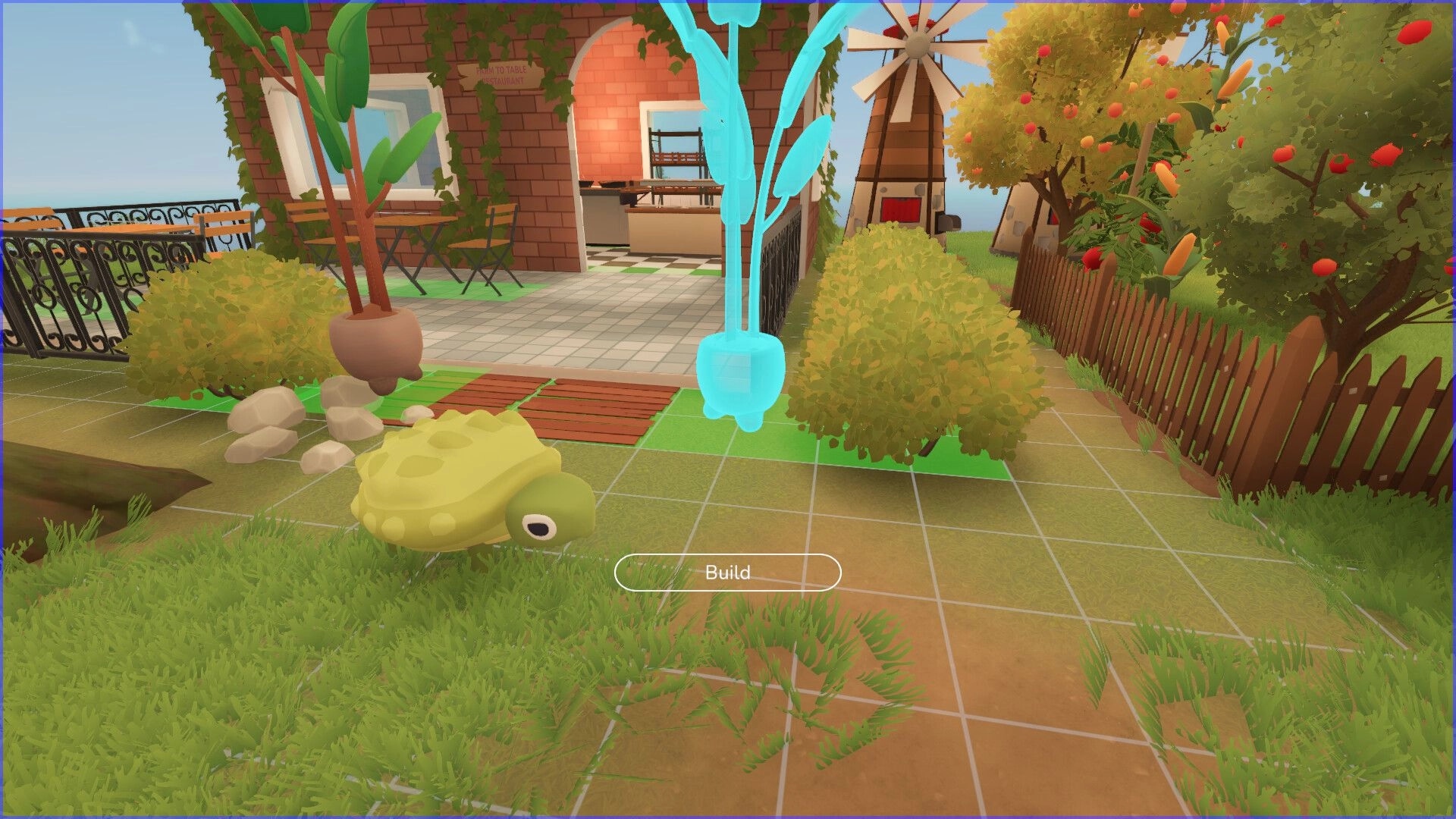 Farm to Table: Building mode activated in garden with plants, windmill, and restaurant entrance visible.